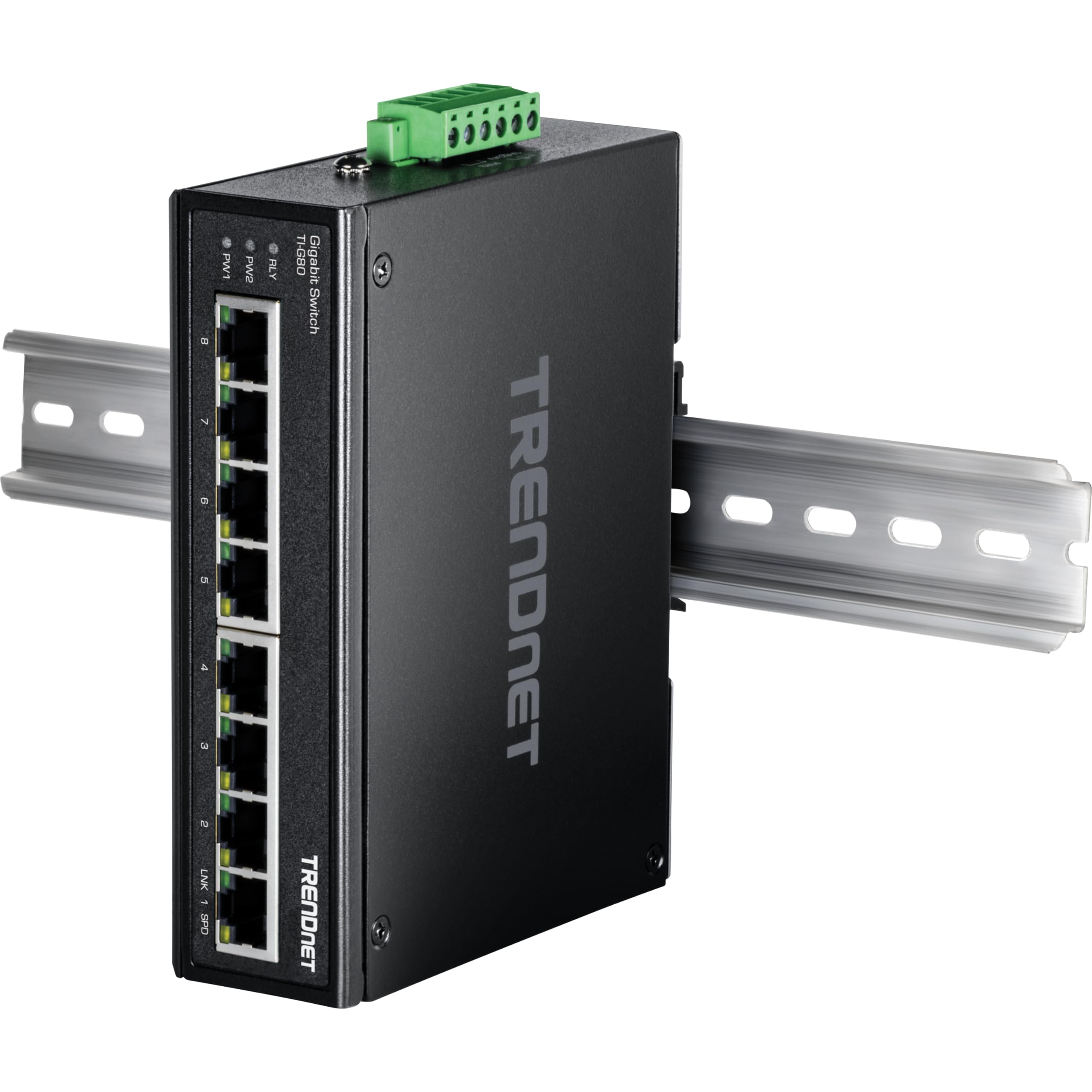 TRENDnet, TI-G80, Switch DIN-Rail Industrial Ethernet Gigabit de 8 Puertos, Divisor Ethernet de 16 Gbps, clasificación IP30, Negro | 8 puertos Gigabit Ethernet, IP50, capacidad de conmutación de 16 Gbps, cumple con NDAA-TAA, protección de por vida