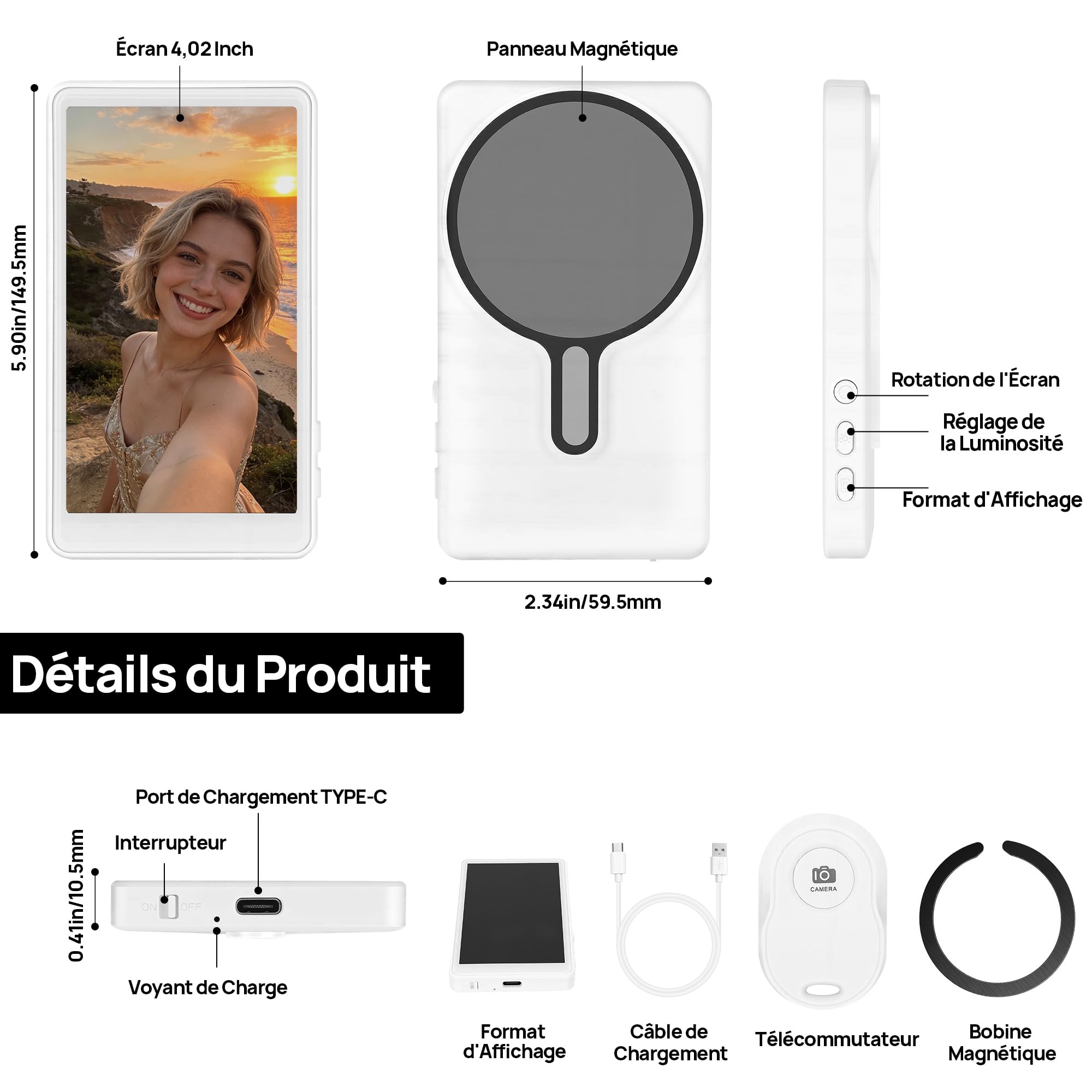 Écran Moniteur Selfie Vlog pour iPhone et Android - 4" Écran de Moniteur Magnétique sans Fil pour Caméra Arrière, avec Télécommande, Youtube, TikTok, Live Streaming Accessoire