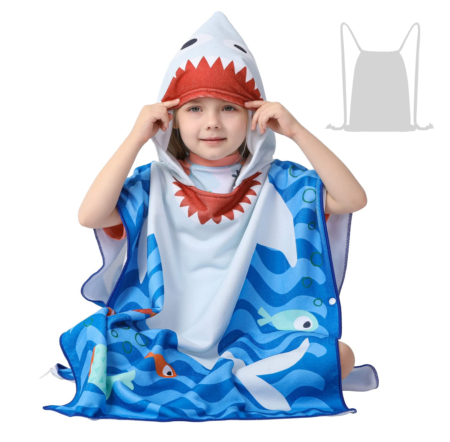 Athaelay Toddler Bath Beach Towel Poncho with Hood, Kid Bath Pool Swim Bathrobe Cover-ups Swimwear (Grey Shark)