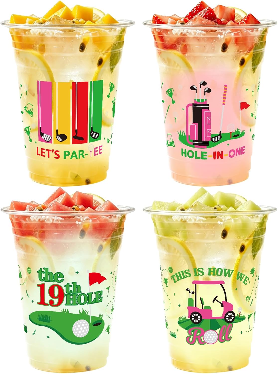 WorldBazaar Golf Party Cups 12oz 100 Pack | Disposable clear plastic cups with golf ball themed decor, birthday tournament club gathering & sports party supplies