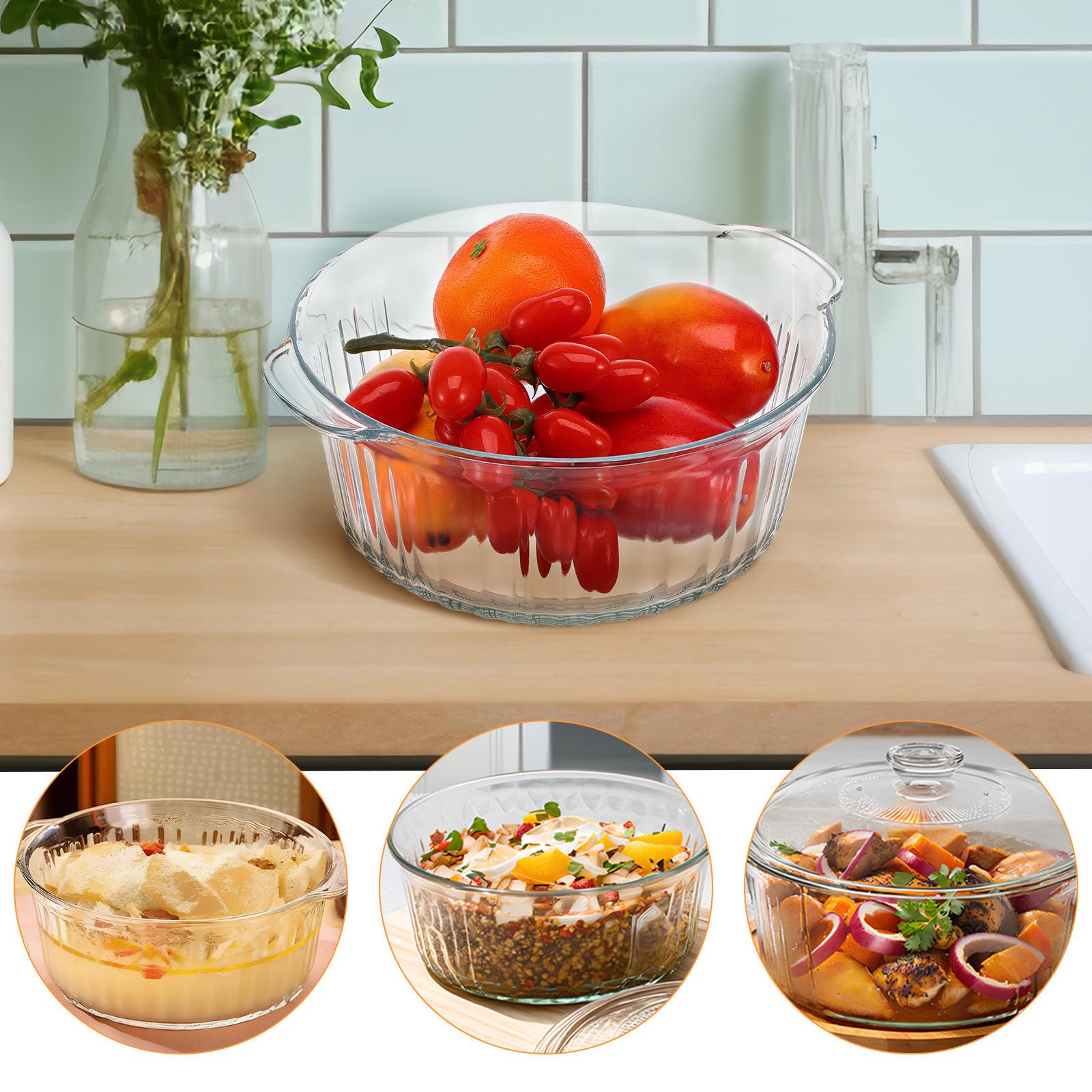 Transparente Glasauflaufform Rund mit Deckel 2,4 L Ofenfest und Mikrowellengeeignet Robustes Kochgeschirr für Backofen und Servieren