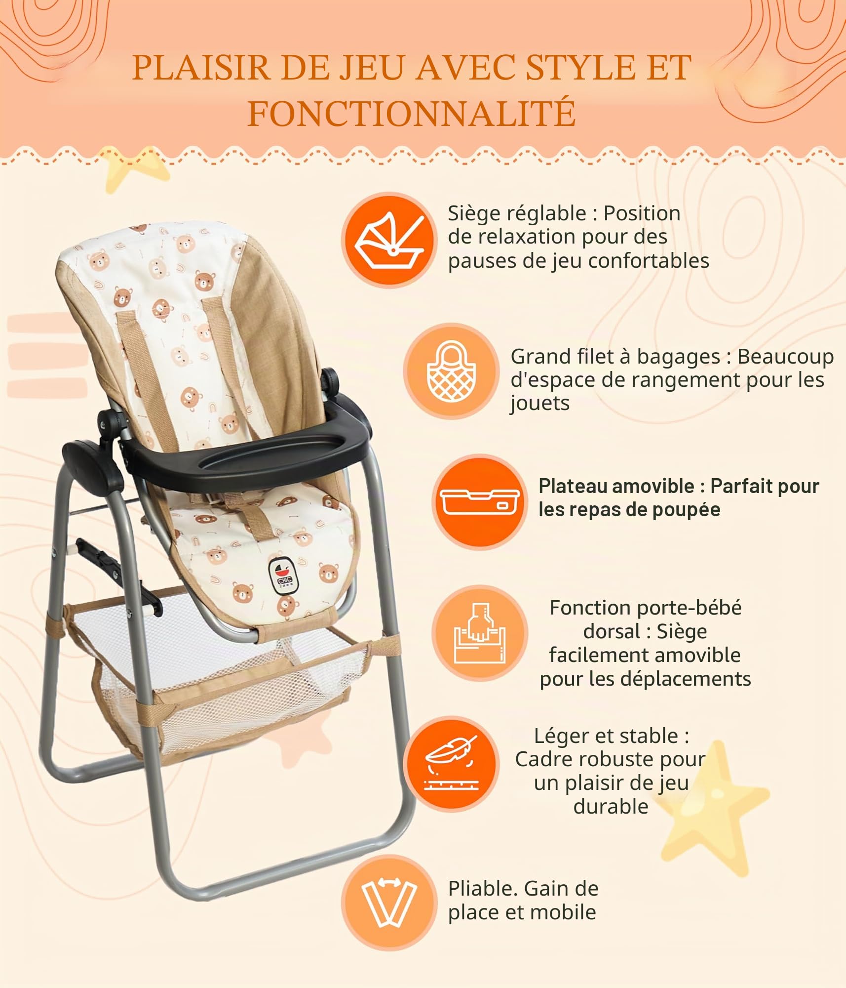 Bayer Chic 2000 Chaise Haute pour poupées pour Enfants de 3 à 8 Ans, Chaise Haute pour poupée, Meubles de poupée, Accessoires pour poupées, oursons Beige