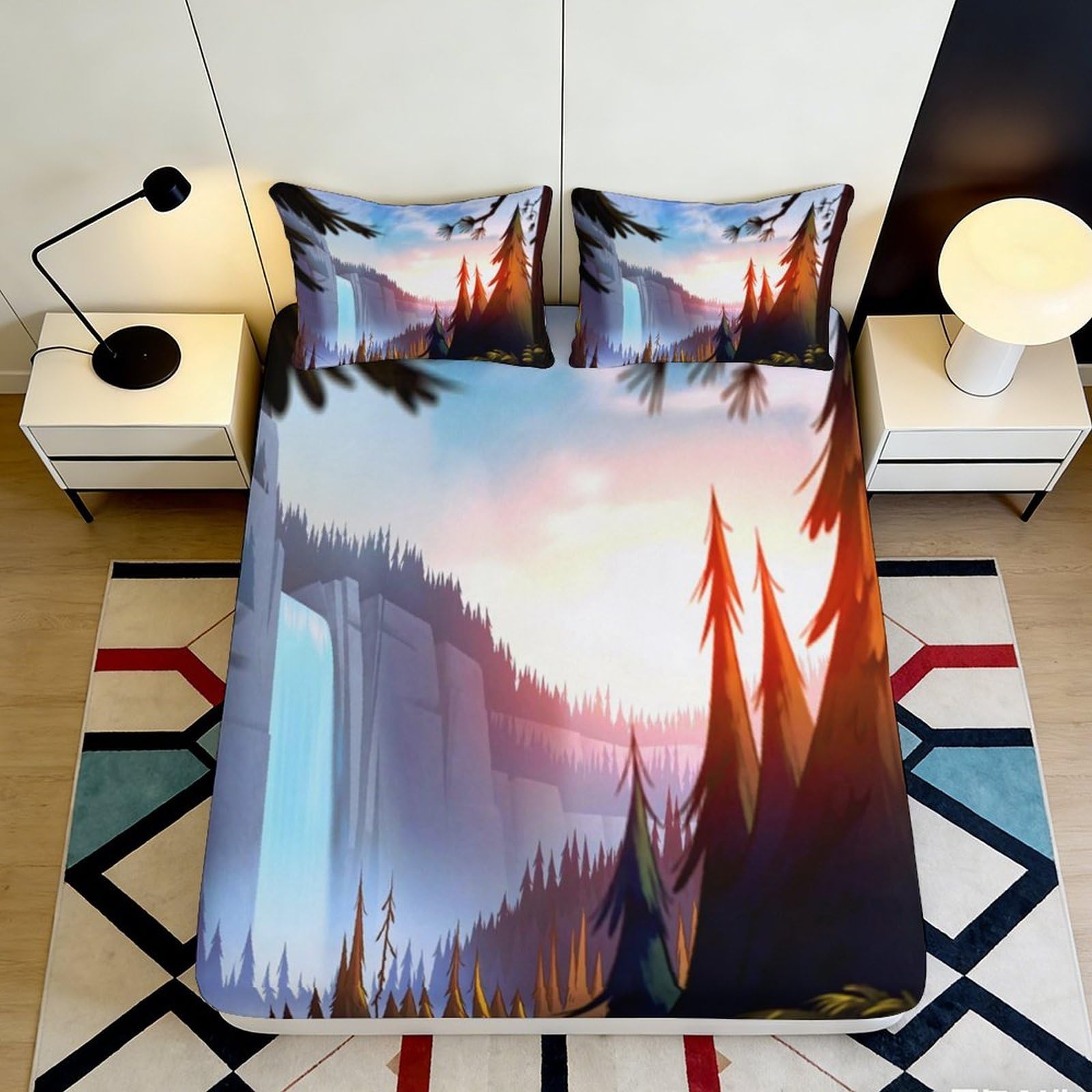 3D Printed Waterfall Forest Fitted Sheet Microfiber Anti-Slip Bed Cover for Bedroom Guestroom Dorm Mattress Decor 120x200x25cm