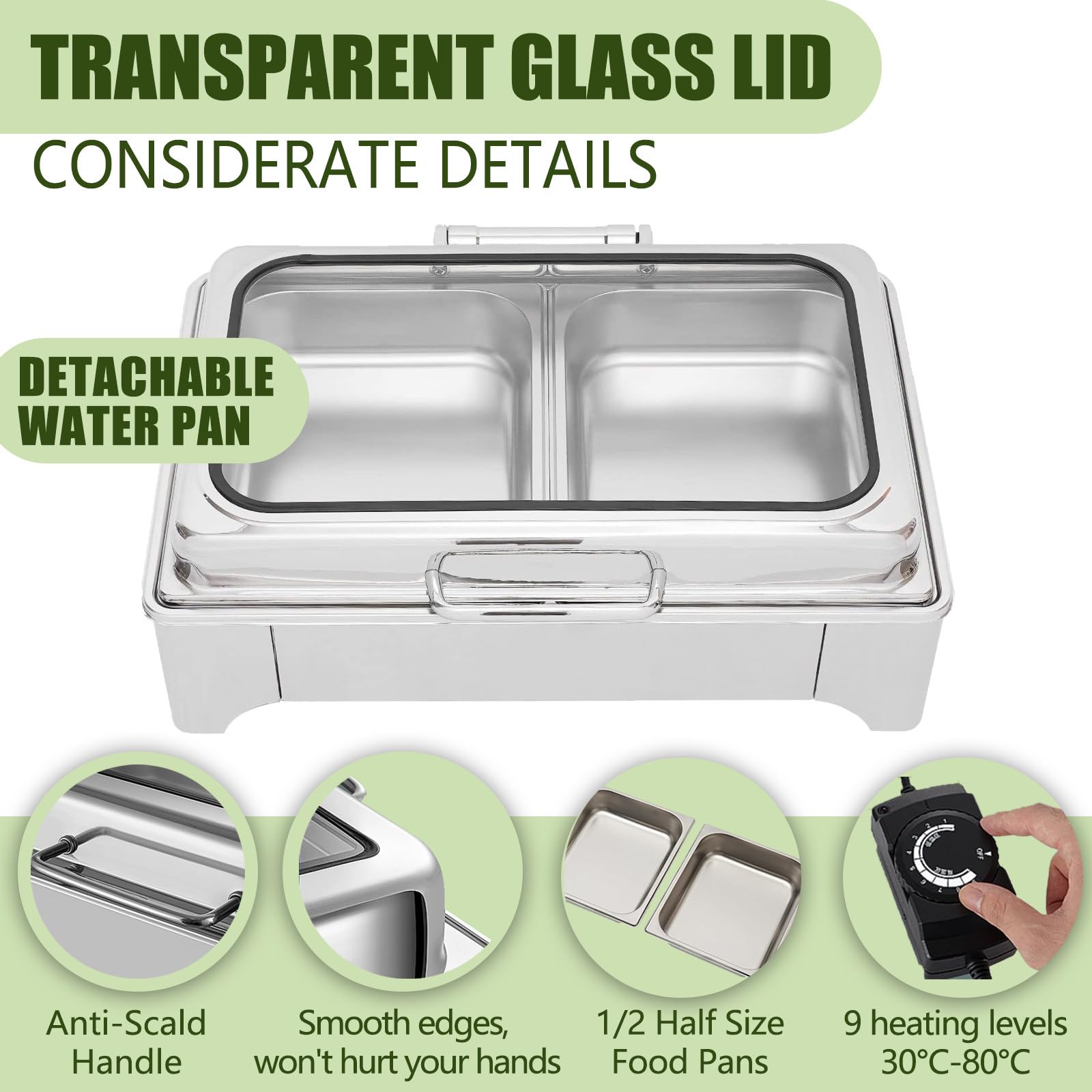 Chafing Dish Elettrico, 9L Scaldavivande Elettrico per Buffet in Acciaio Inox, Professionale ontenitore Scalda Cibo Temperatura Regolabile per Buffet, Ristoranti, Hotel(B,1/2 Pan)