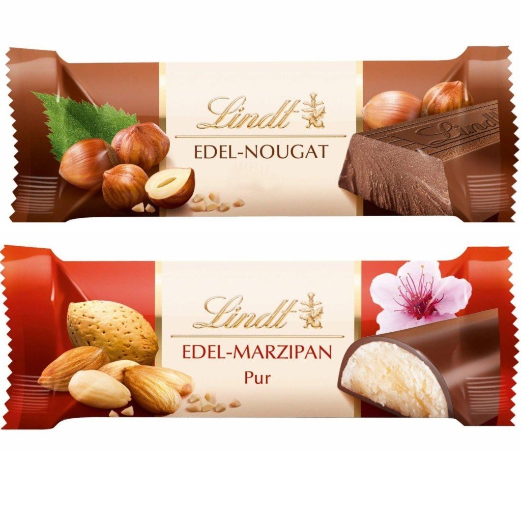 Lindt EdelMarzipan + EdelNougat Chocolate Bars, 50 Grams (Pack of 2