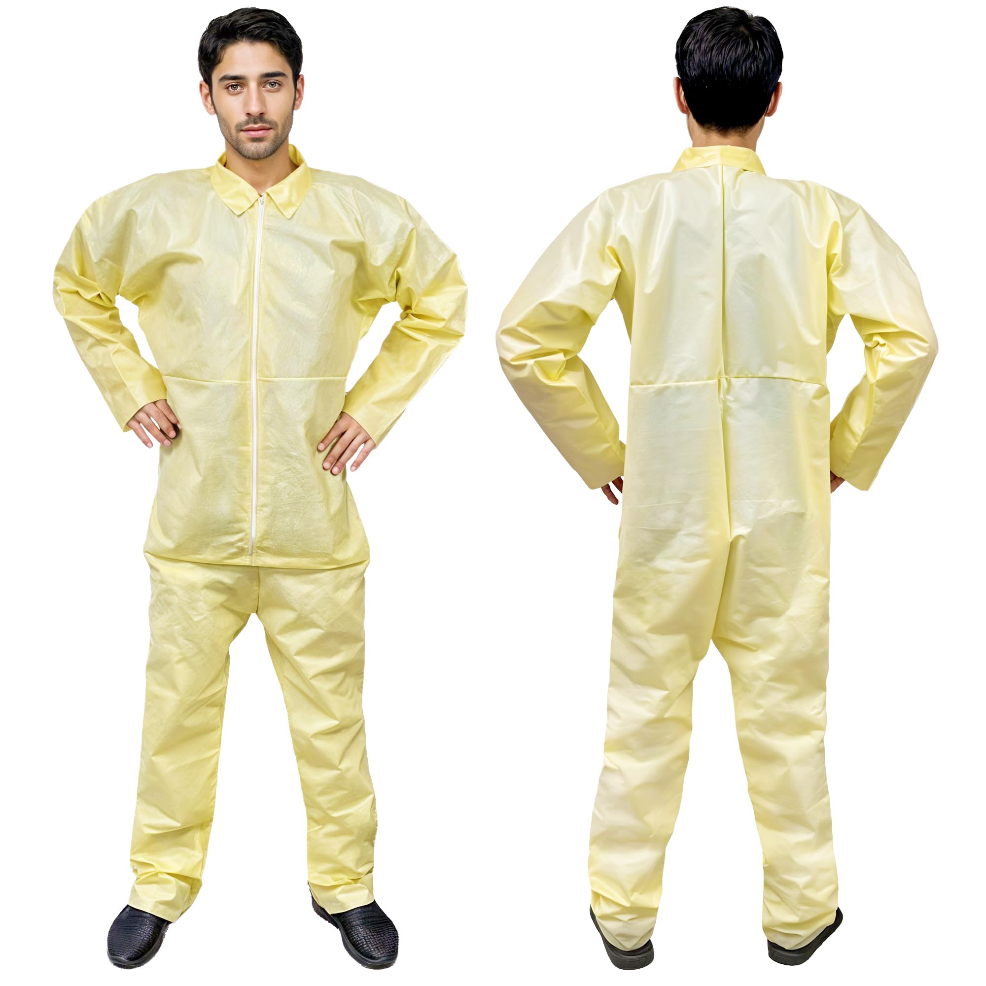 AMZ Medical Supply Yellow Disposable Coveralls for Men and Women, 3X-Large. Pack of 5 PP+PE Hazmat Suits with Cut Wrists, Ankles. 82 GSM Waterproof