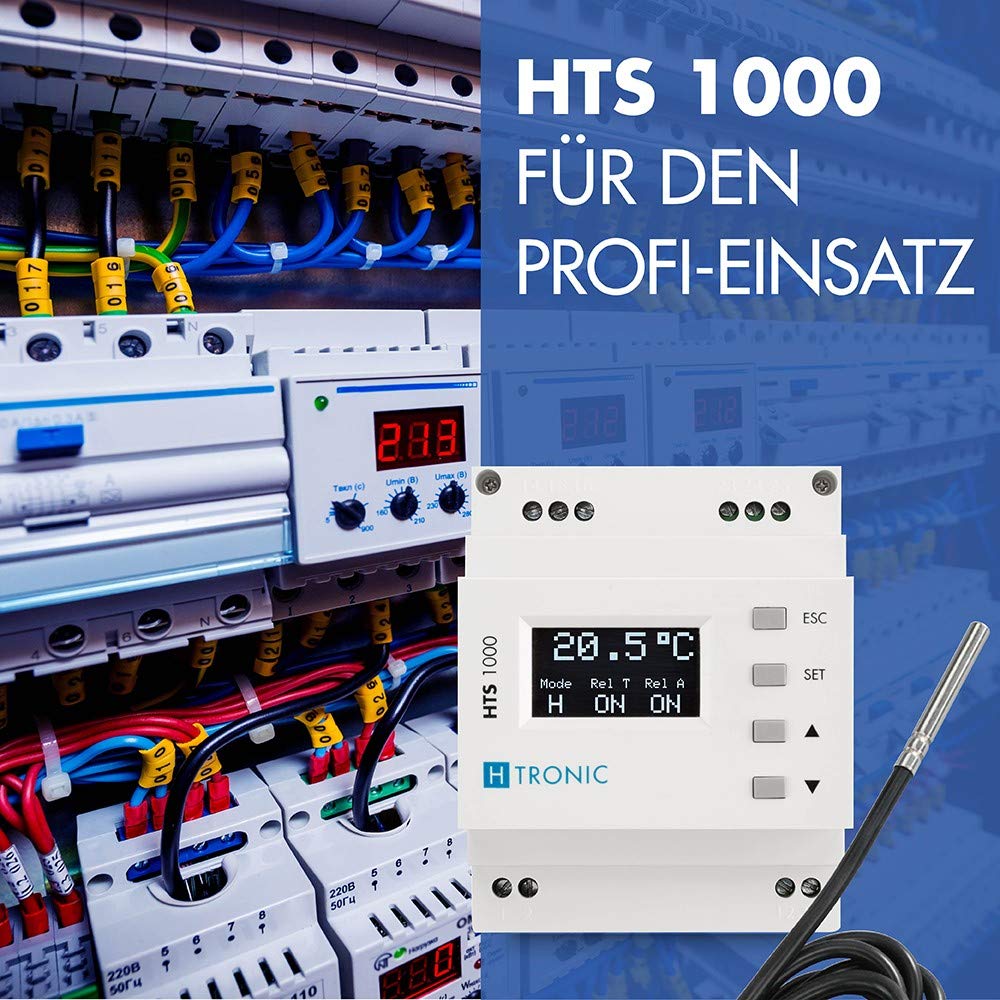 HTS 1000 Hutschienen-Temperaturschalter (Temperaturregler) mit Fühler, Kühlen & Heizen, 230 V Thermostat