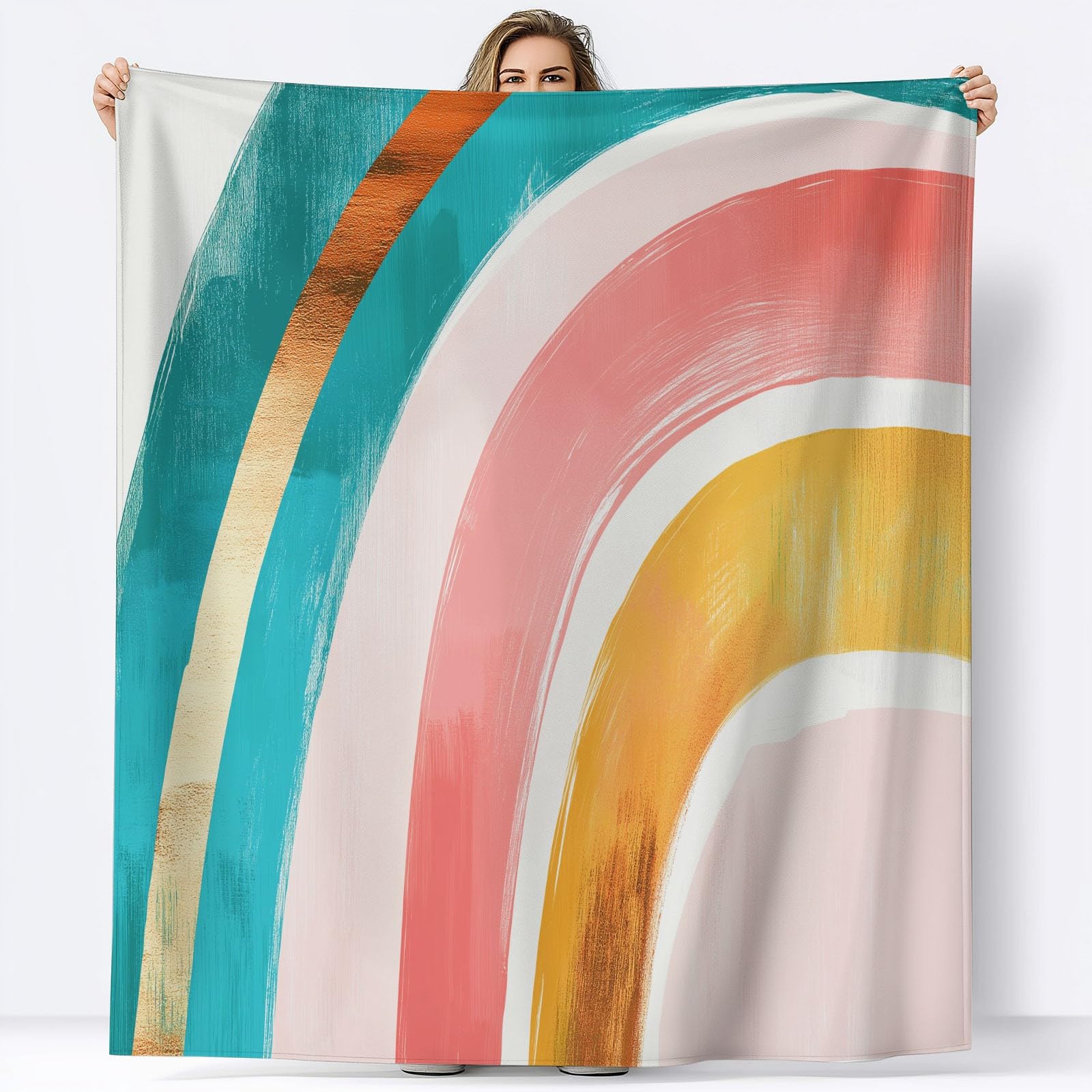 Manta de franela con líneas de arco iris bohemio 220 x 240 cm, manta de forro polar de microfibra polar para todas las estaciones para viajes, sofá para viajes, cama de sofá, niños adultos, color