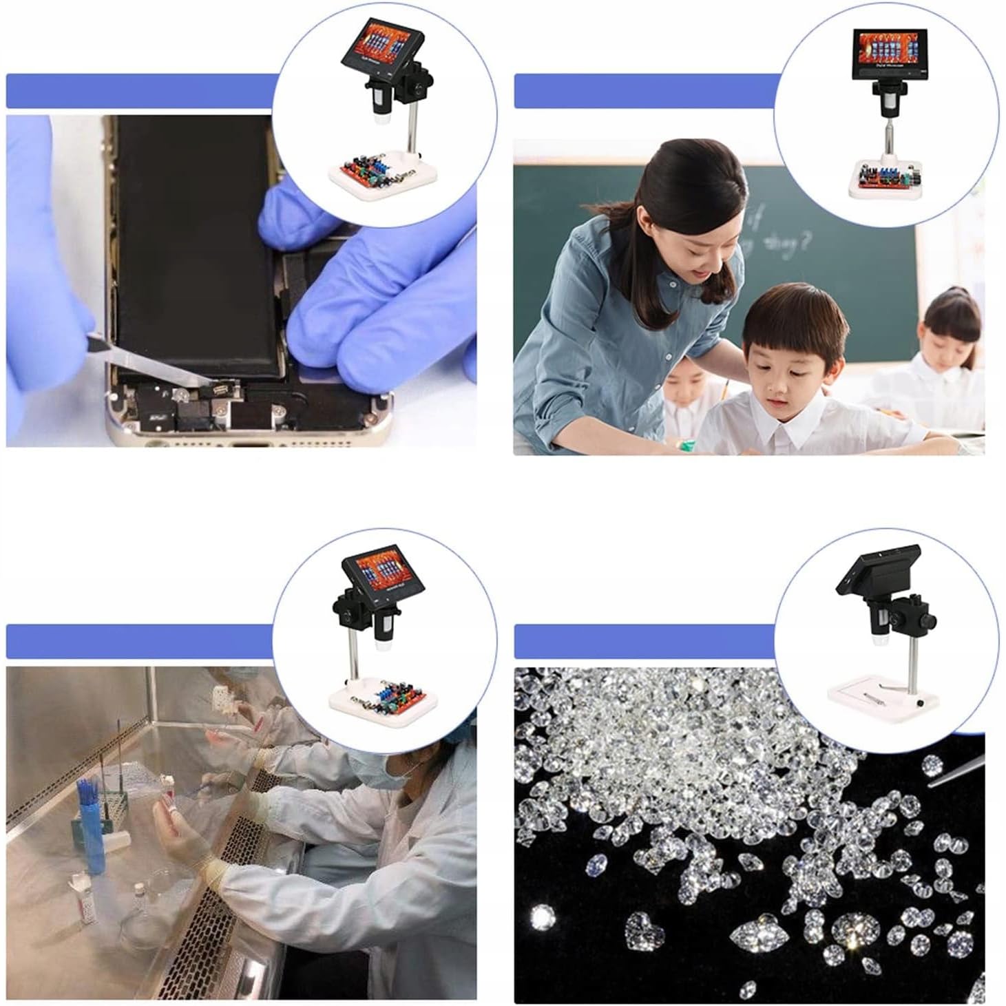 Rosfix Mikroskop cyfrowy DM4-Z01B019 - ekran LCD 4,3", 50X–1000X, 720P, 8 diod LED, USB, MicroSD | kontrola PCB, biżuteria, skóra, monety | profesjonalny przenośny mikroskop