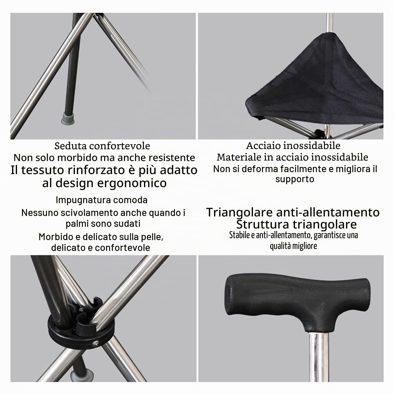 Bastone da passeggio con sedile pieghevole, leggero 150 kg, per anziani, adatto ai viaggi, bastone da passeggio e sgabello 2 in 1, altezza regolabile e design antiscivolo