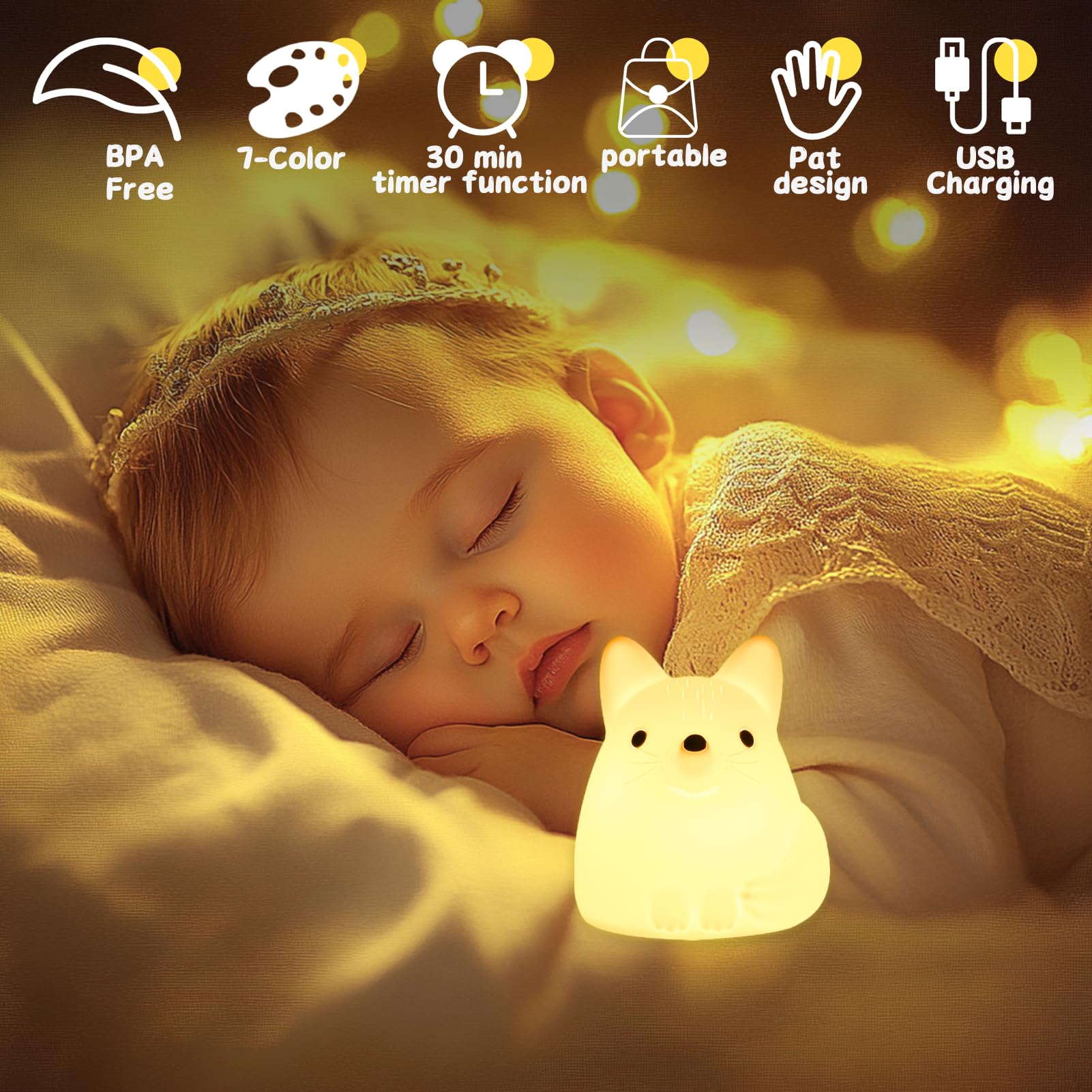 Tremdwoto Volpe Luce Notturna Bambini Kawaii Lampada Bambini Notturna Silicone Morbido carica usb 7 Colori Volpe Lampada lampade decorativa carine per camera da letto Regali per ragazzi e ragazze