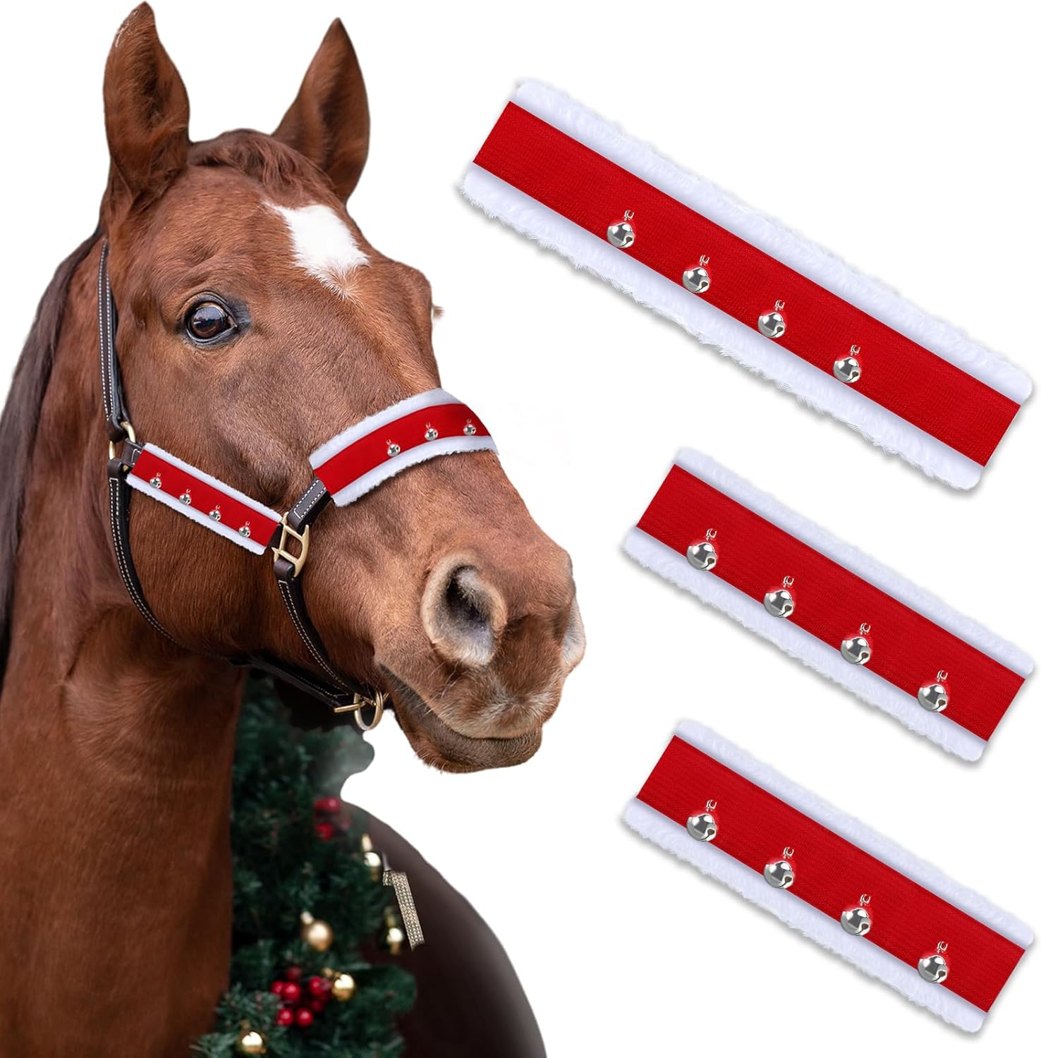 3 Pcs Christmas Horse Santa Halter Bridle Cover with Jingle Bell Horse Halter Noseband Cheek Pieces Cover Christmas Tack Costume for Parade