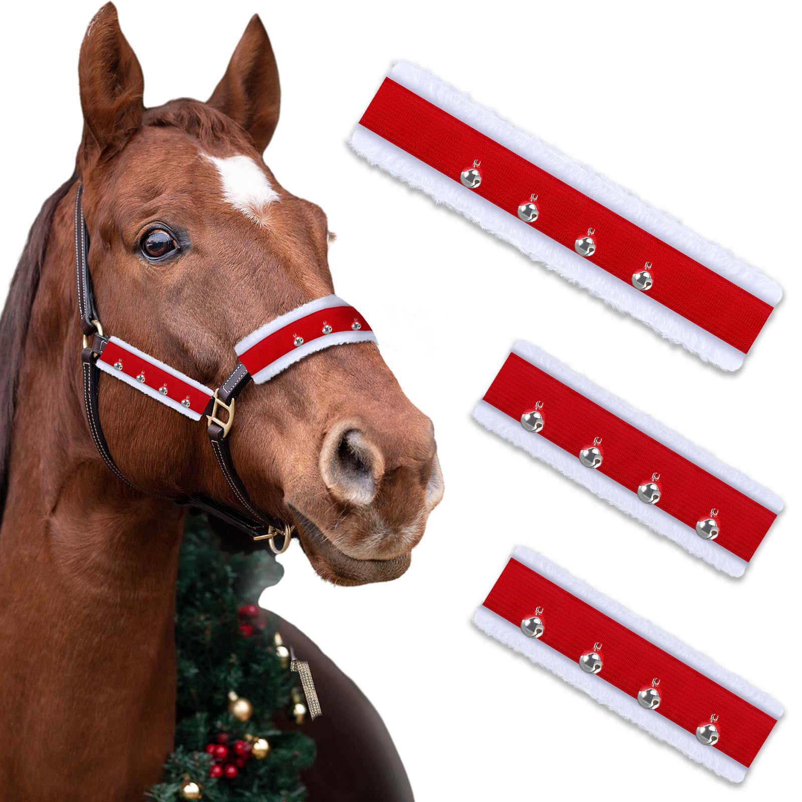 SilTriangle 3 Pcs Christmas Horse Santa Halter Bridle Cover with Jingle Bell Horse Halter Noseband Cheek Pieces Cover Christmas Tack Costume for Parade (Red and White)