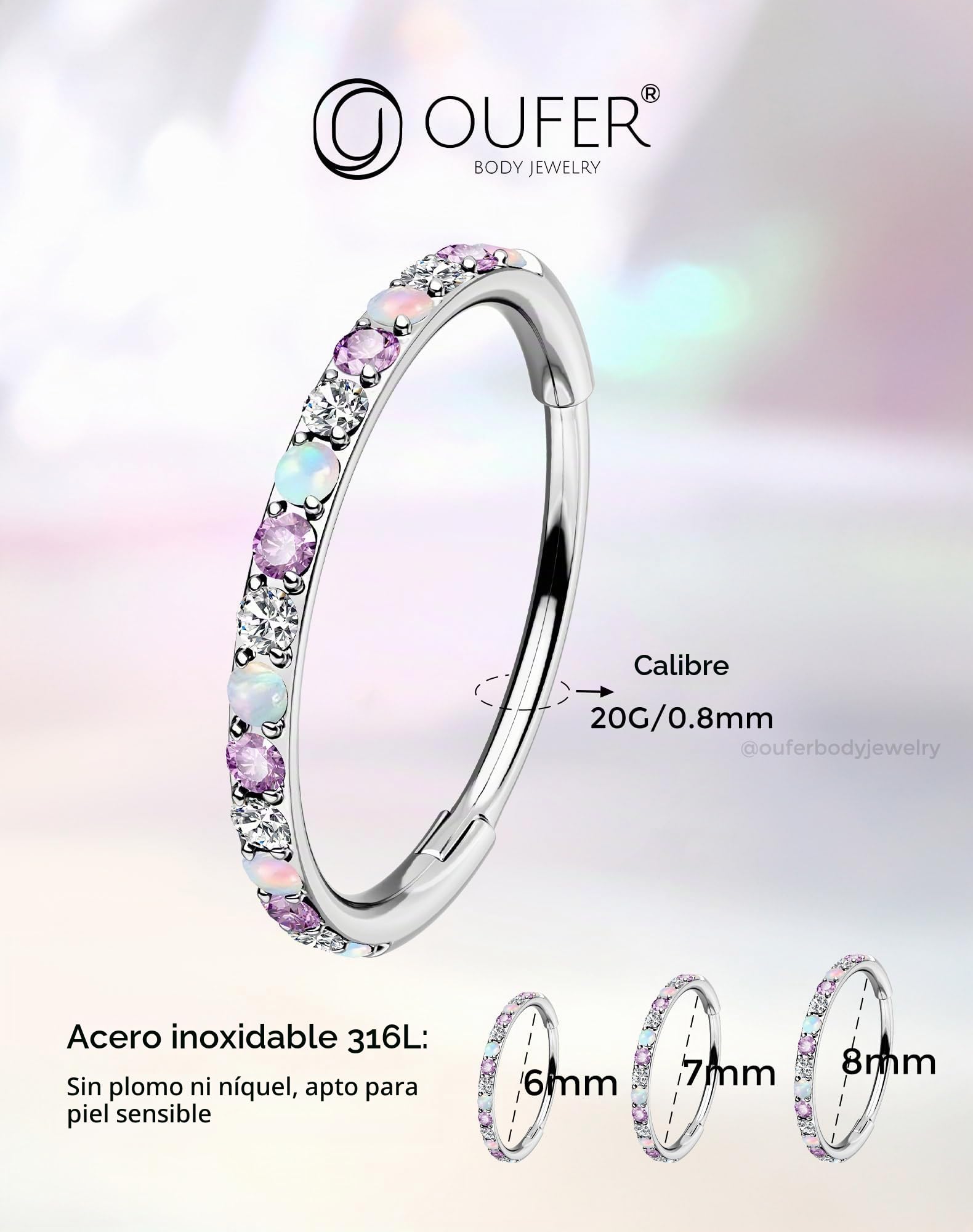 OUFER 20G Clicker Piercing para la nariz, acero quirúrgico 316L, transparente, violeta/negro, CZ y ópalo, cartílago, piercing para mujer, 6/7/8 mm