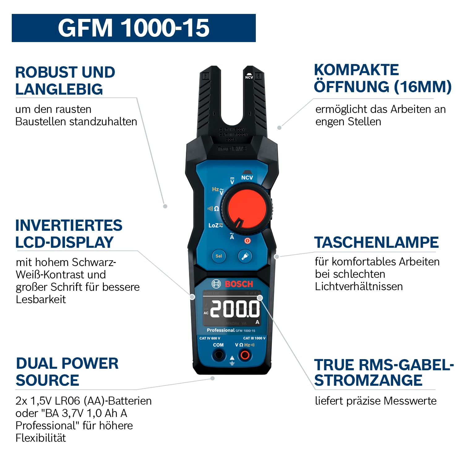 Bosch Professional Gabelstromzange GFM 1000-15 (True RMS, invertiertes LCD, misst bis 200 A AC, berührungsloser Spannungsprüfer, kompatibel mit Magnetaufhänger MH 1, 2 x 1,5 V LR06 (AA))