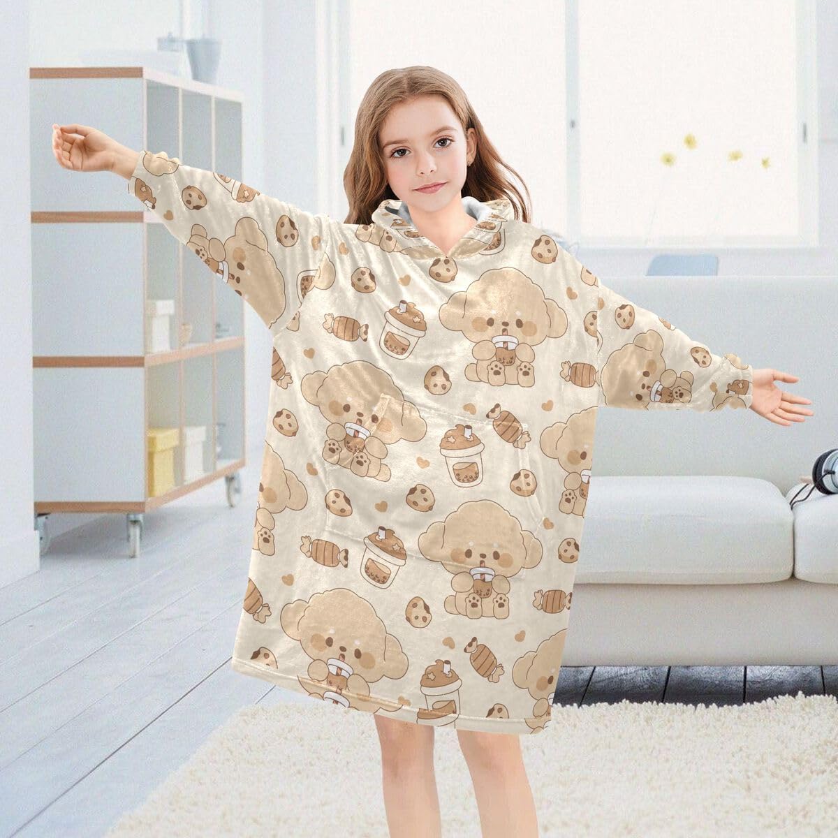 Uroczy pies i mleko Boba dziecięcy koc do noszenia bluza z kapturem oversize bluza koc sweter kawaii dla chłopców i dziewcząt w wieku 3-14 lat