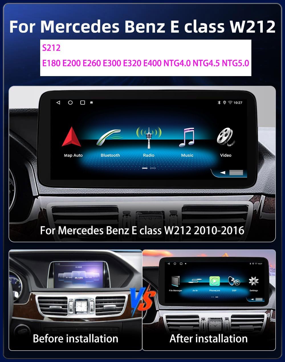 10,25’’ Car Stereo Wireless Car Play&Android Auto Touch Screen for Mercedes-Benz E-Class W212 S212 E180 E200 E250 E260 E300 E320 E400 NTG4.0, Mirror Link/Voice Control/Music Play/GPS Navigation