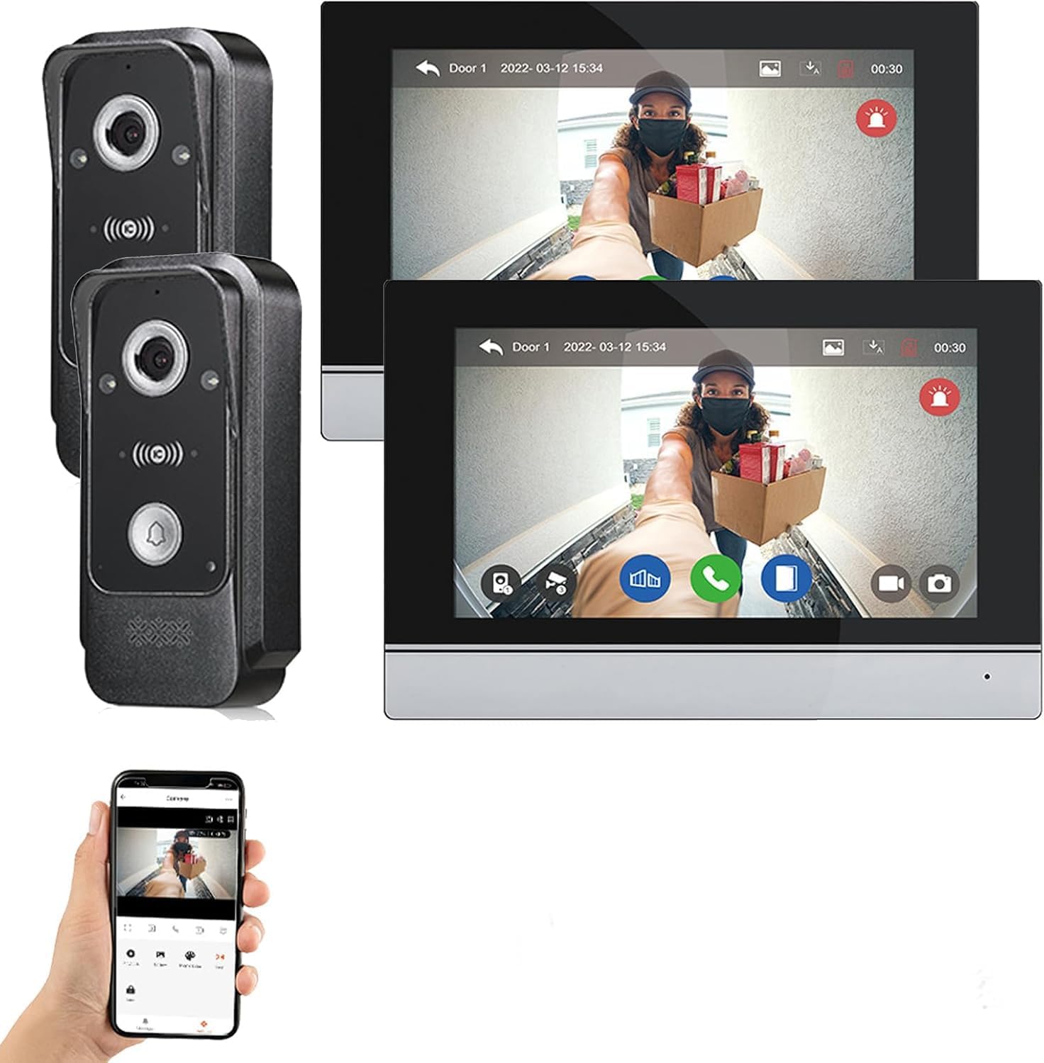 Wired Video Intercom System Tuya WiFi 7 Inch Touch Screen 1080P Doorbell Intelligent Tuya APP Intercom Kit with 3 in 1 Unlock Motion Detection,Anti-Tamper Alarm,32G (2 Bell+2 Monitor)