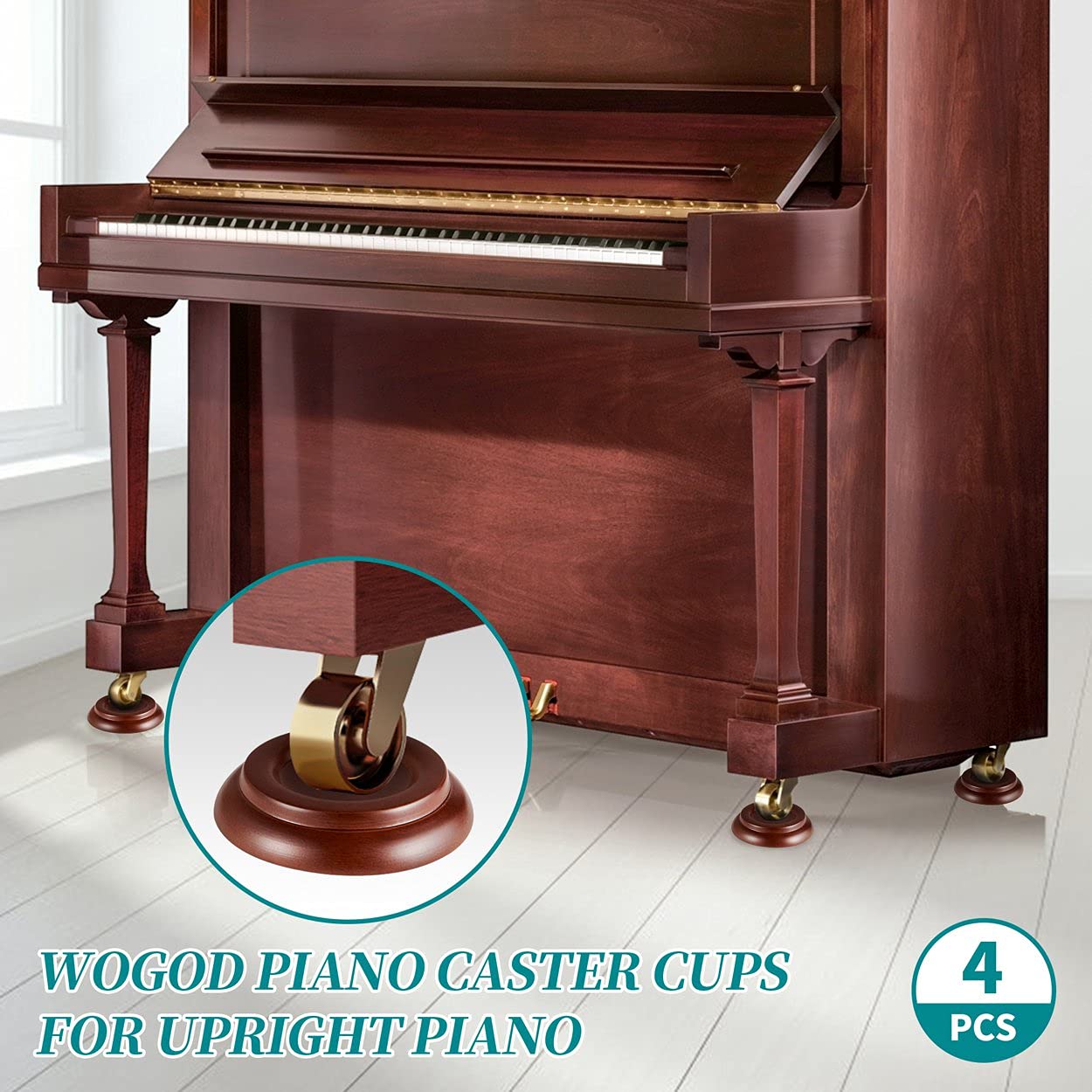 WOGOD Solid Wood Piano Caster Cups - 4-Pack Floor Protectors For Upright Piano On Hardwood Floors