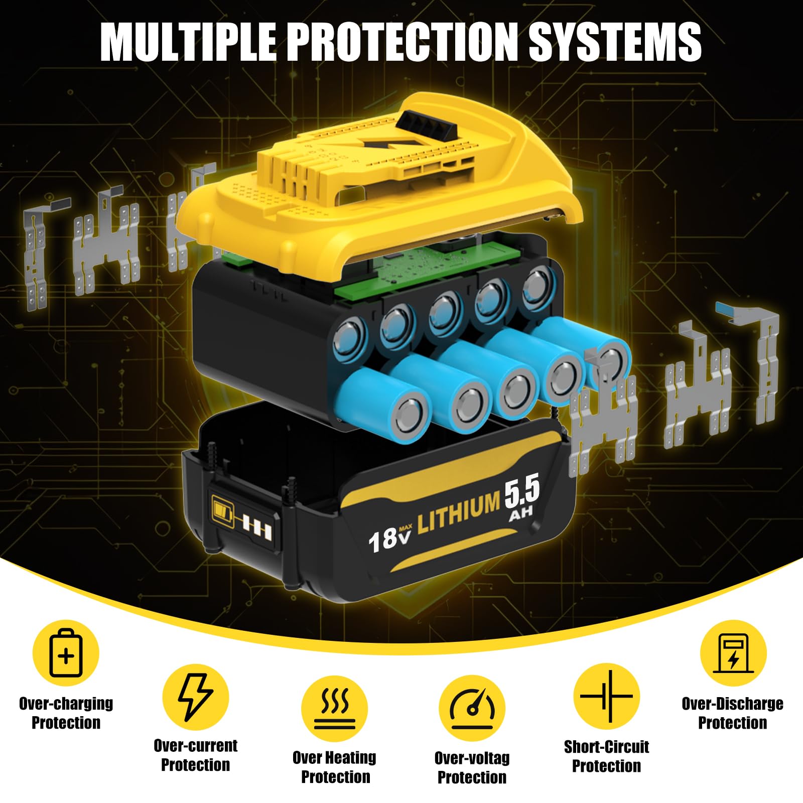 2 Baterías Iones Litio 5500 mAh, Compatibles con Dewalt 18V+1 Cargador
