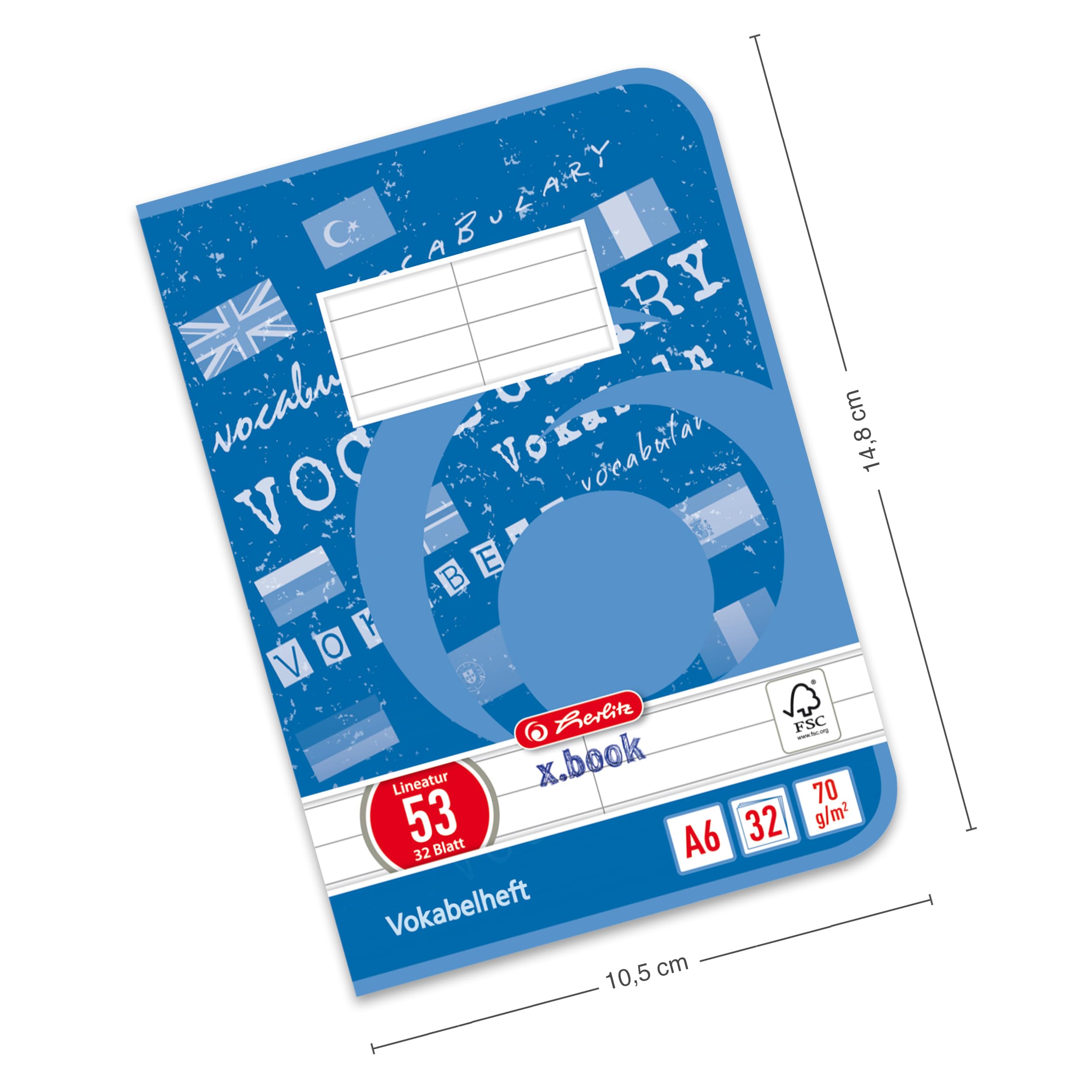Herlitz 413682 zeszyt do słówek A6, 32 arkusze, liniatura 53, FSC Mix, 10 sztuk