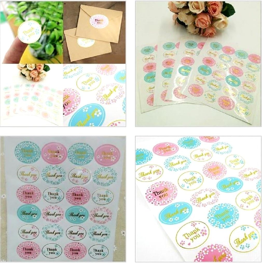 120 Pcs Thank you Art Design Sticker Pink White Turquoise Mint Green Gold Color Oval Shape Shower Wedding Gifts