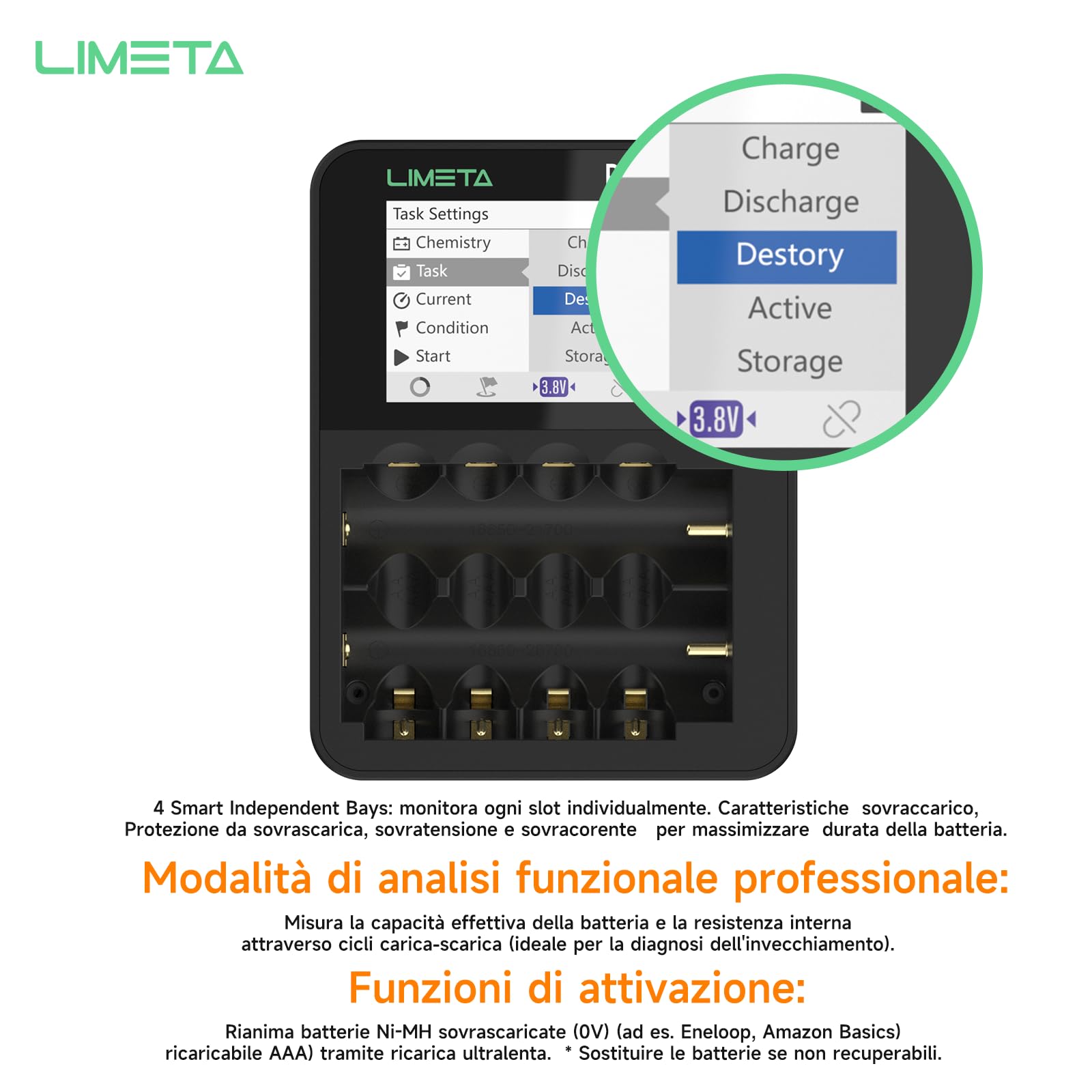 LIMETA R4EVO Carica Batterie Ricaricabili AA e AAA 18650 Ni-mh Li-ion Caricabatterie Rapido per pile Ricaricabili, Caricabatterie Intelligente con Display Funzioni di Scarica Analisi e Rigenerazione