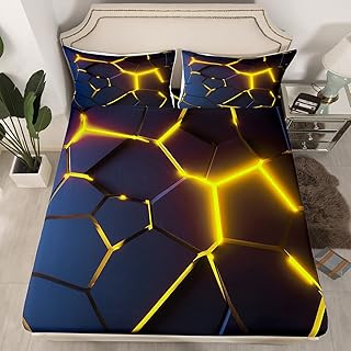 Honeycomb Pattern Bedding Sheet for Girls Boys Children Yellow Hexagonal Print Fitted Sheet Beehive Geometrical Bed Sheet Set Room Decor Reticulated Simplistic Comforter Cover Full Size 3Pcs