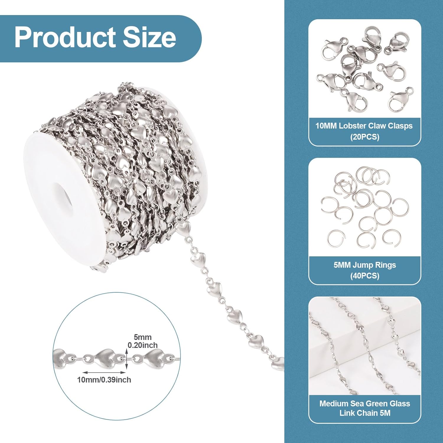 Pandahall 16.14 Ft Stainless Steel Heart Link Chains Metal Solid Heart Jewelry Chains with Jump Rings Lobster Claw Clasps for Bracelet Necklace Jewelry Making - Image 6