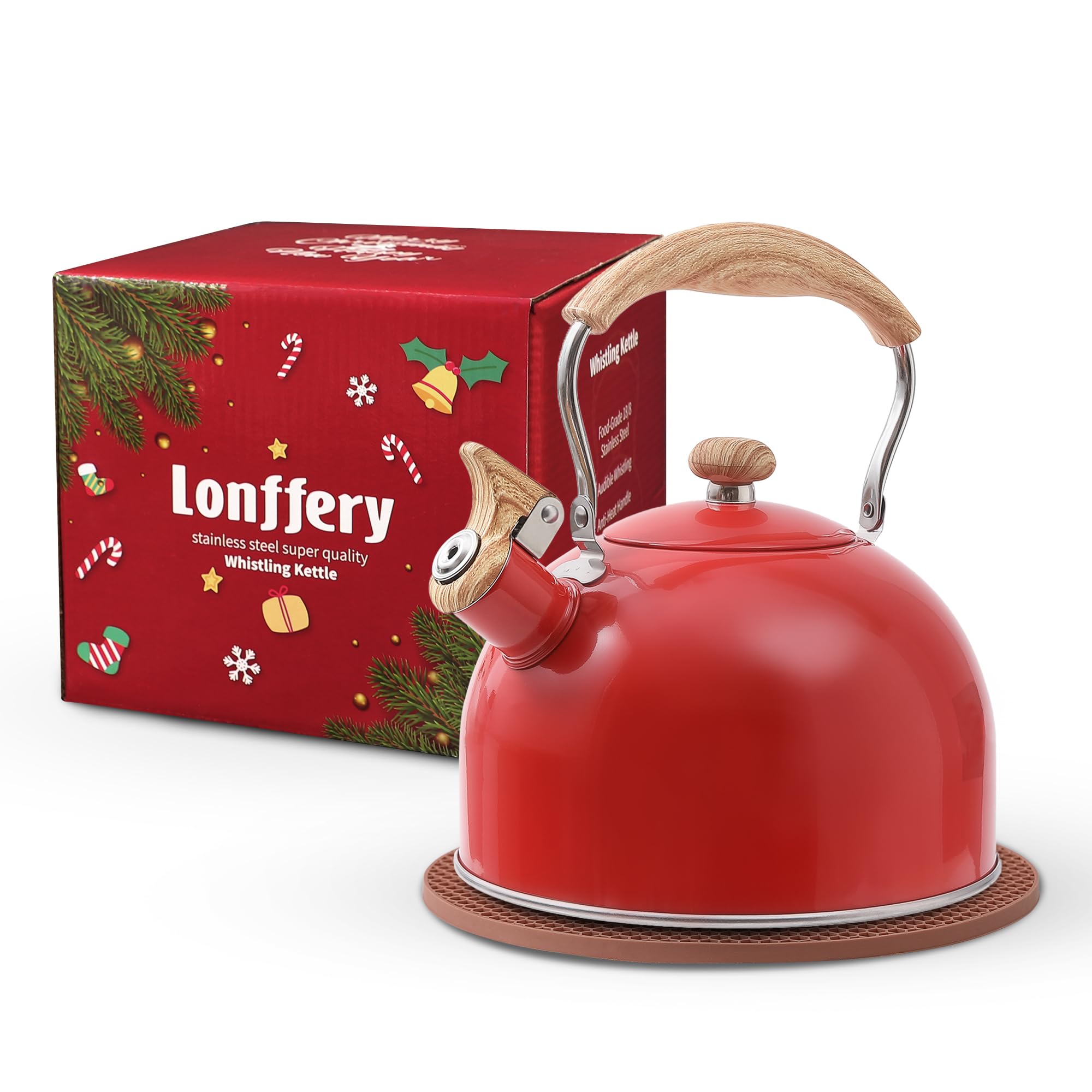 LONFFERY Tea Kettle, 2.5 Quart Whistling Tea Kettle, Tea Pots for Stove Top Food Grade Stainless Steel with Wood Pattern Folding Handle
