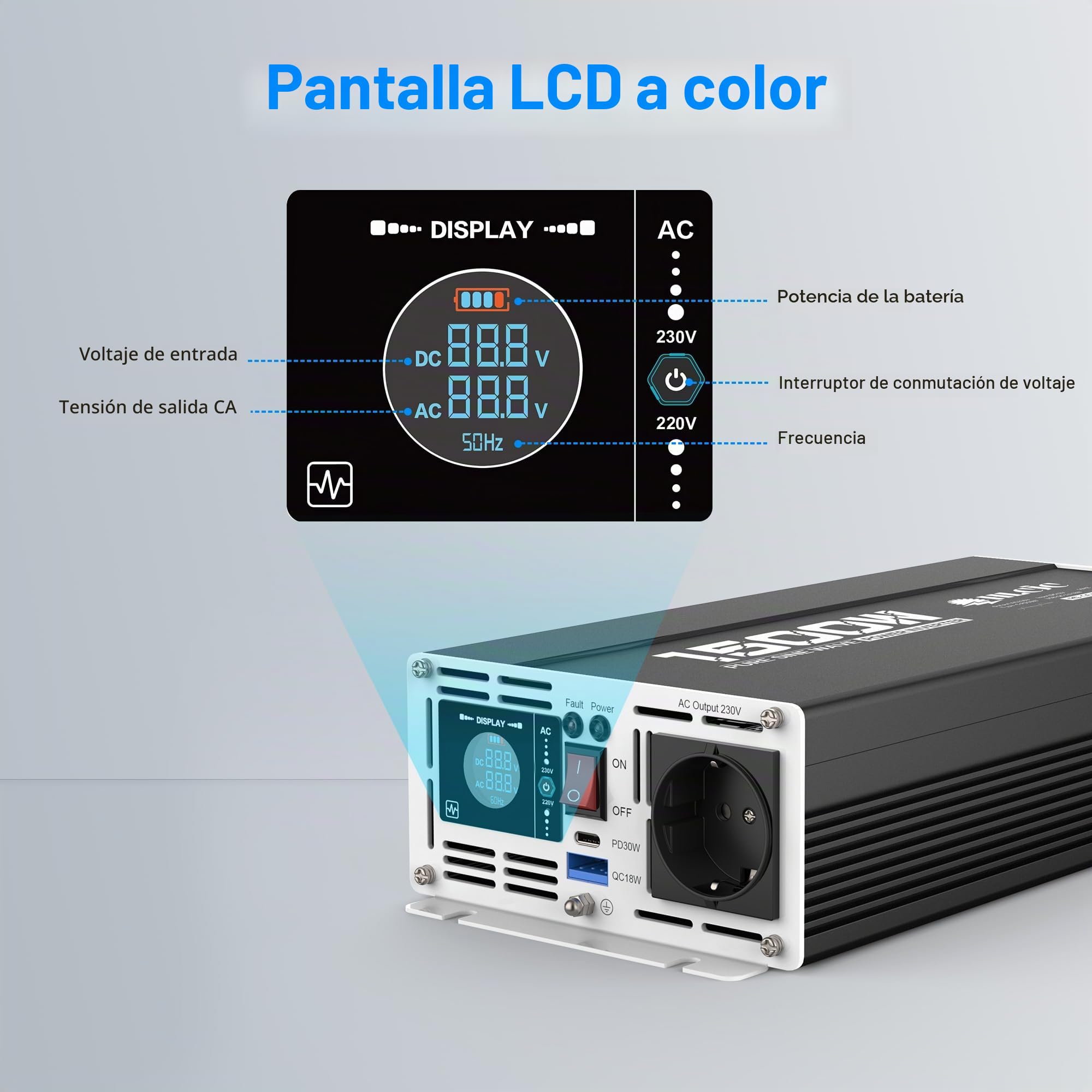 Inversor de corriente sinusoidal puro de 1500 W/3000 W, 12 V a 230 V, 1 enchufe europeo, con 1 x PD 30 W USB-C, 1 x QC 3.0 18 W USB-A de carga rápida, pantalla LCD para autocaravana, camión