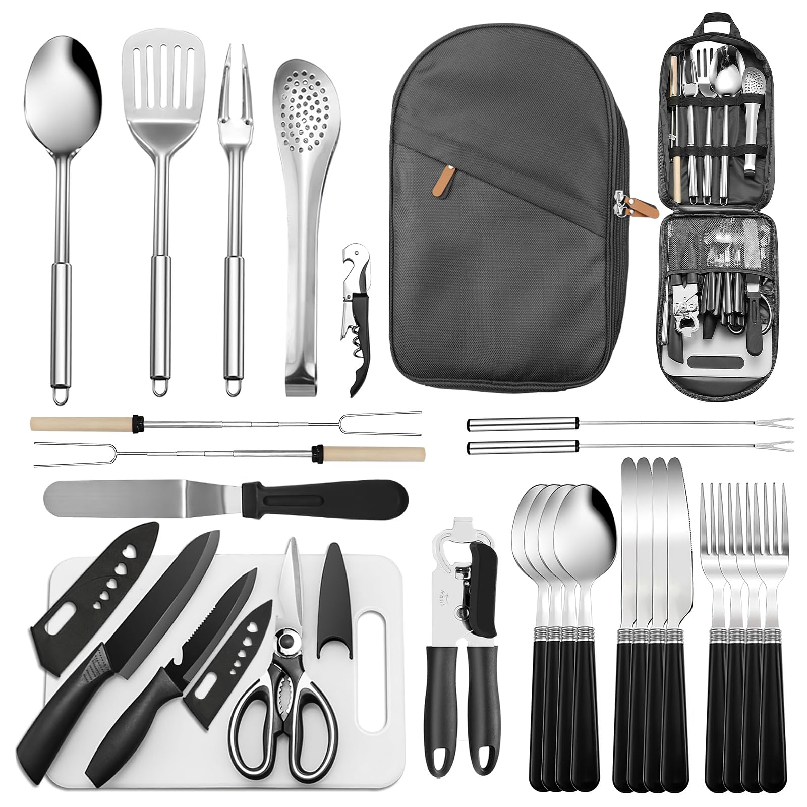 Accessori Cucina da Campeggio 27Pcs, Utensili da Cucina per il Campeggio con Borsa Portaoggetti, Gadget Outdoor, Portatile Cucina da Campeggio Rv Set per viaggi, Picnic, Camper, Feste