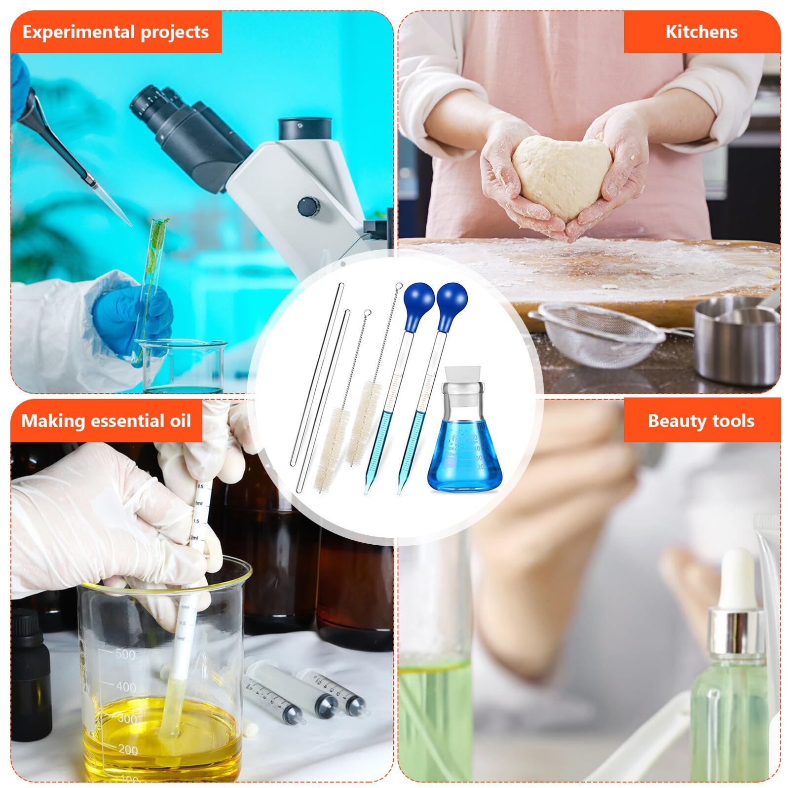Beuta Erlenmeyer con Scala 50 Ml in Vetro, Set 1 Pezzo | Pipetta 10 Ml e Bacchetta di Agitazione, Base Tonda Stabile, Spazzola per Pulizia Inclusa