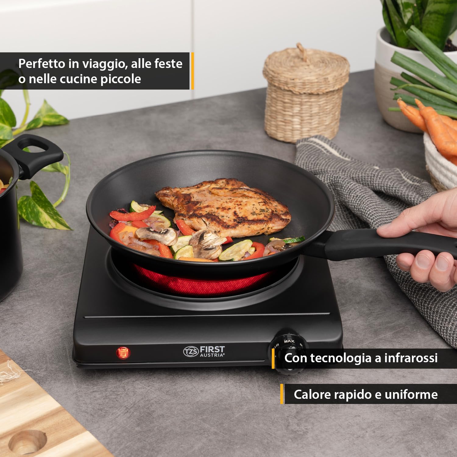 TZS First Austria - Piastra di cottura infrarossi vetroceramica TUTTI i tipi di pentole 1250W - Mini Fornello singolo elettrico da trasloco, campeggio e casa - Regolazione continua e spia di controllo