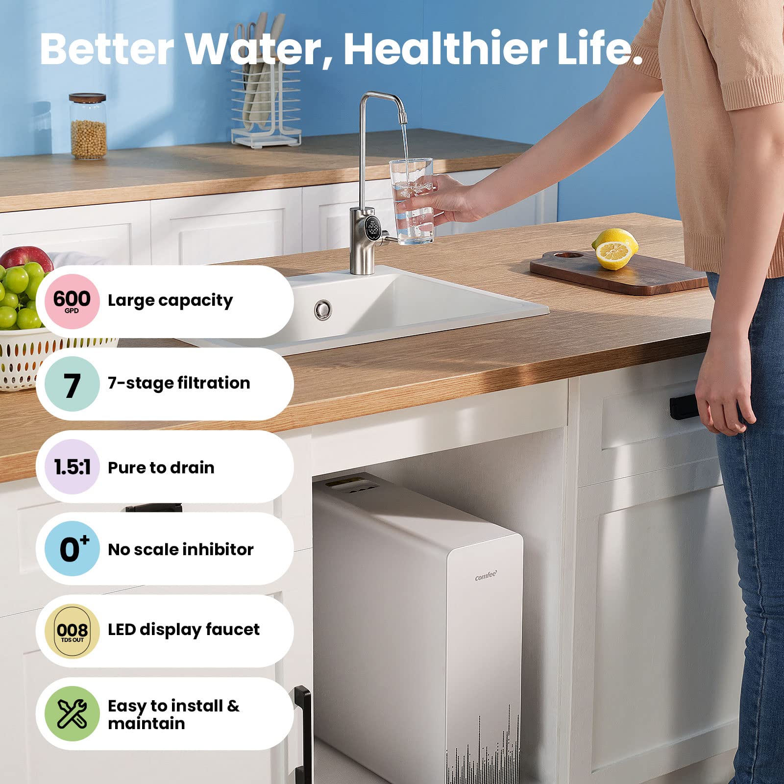 Comfee PureSnap 600 Pro Tankless Reverse Osmosis Water Filtration System, 7-Stage High-Precision Filtration, Better Taste, 1.5:1 Low Drain Ratio, Smart Faucet