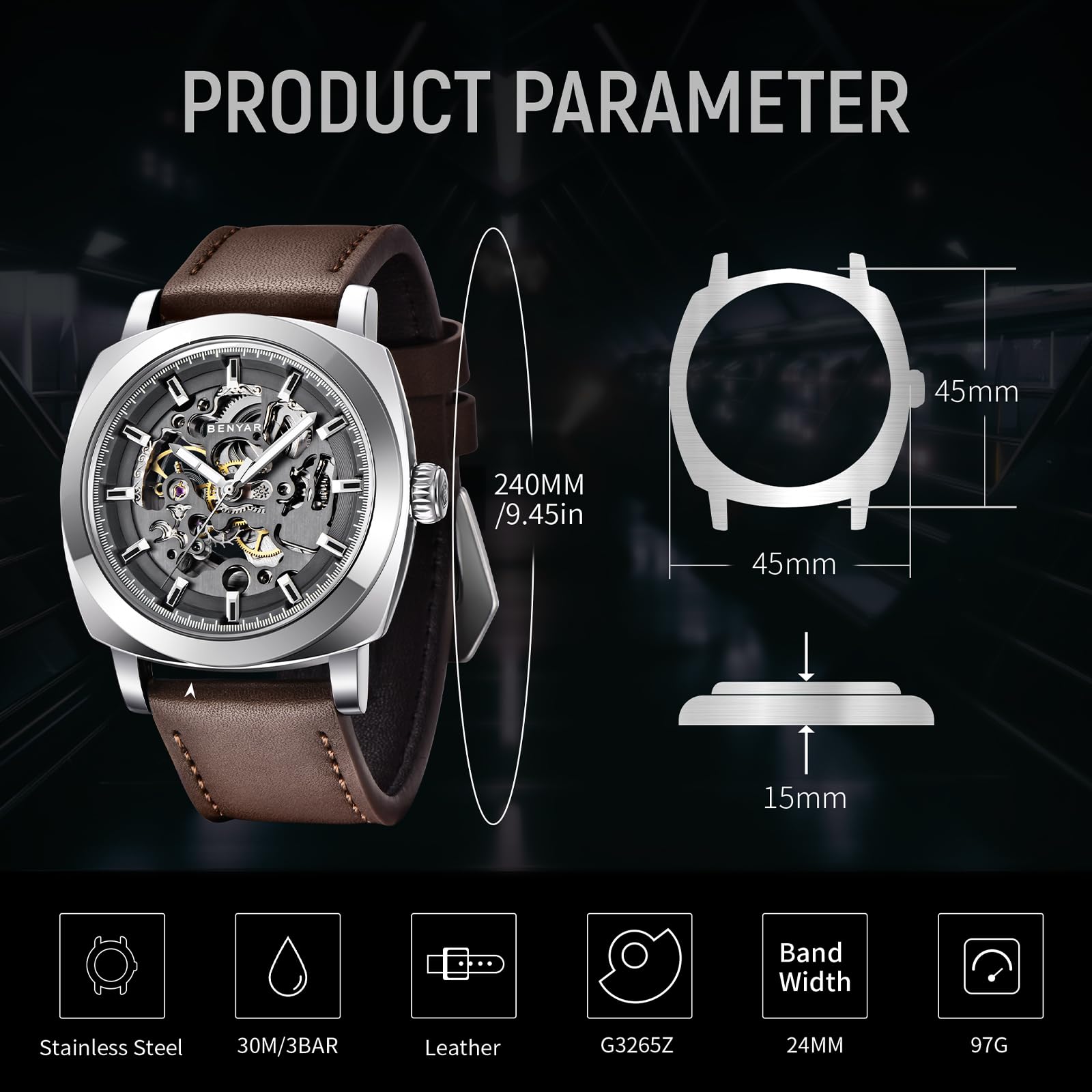 BENYAR - Reloj mecánico automático para Hombre, Correa de Piel, Movimiento Dorado, Esfera Esqueleto de 45 mm, Resistente al Agua y a los arañazos, Regalo Elegante para Hombre