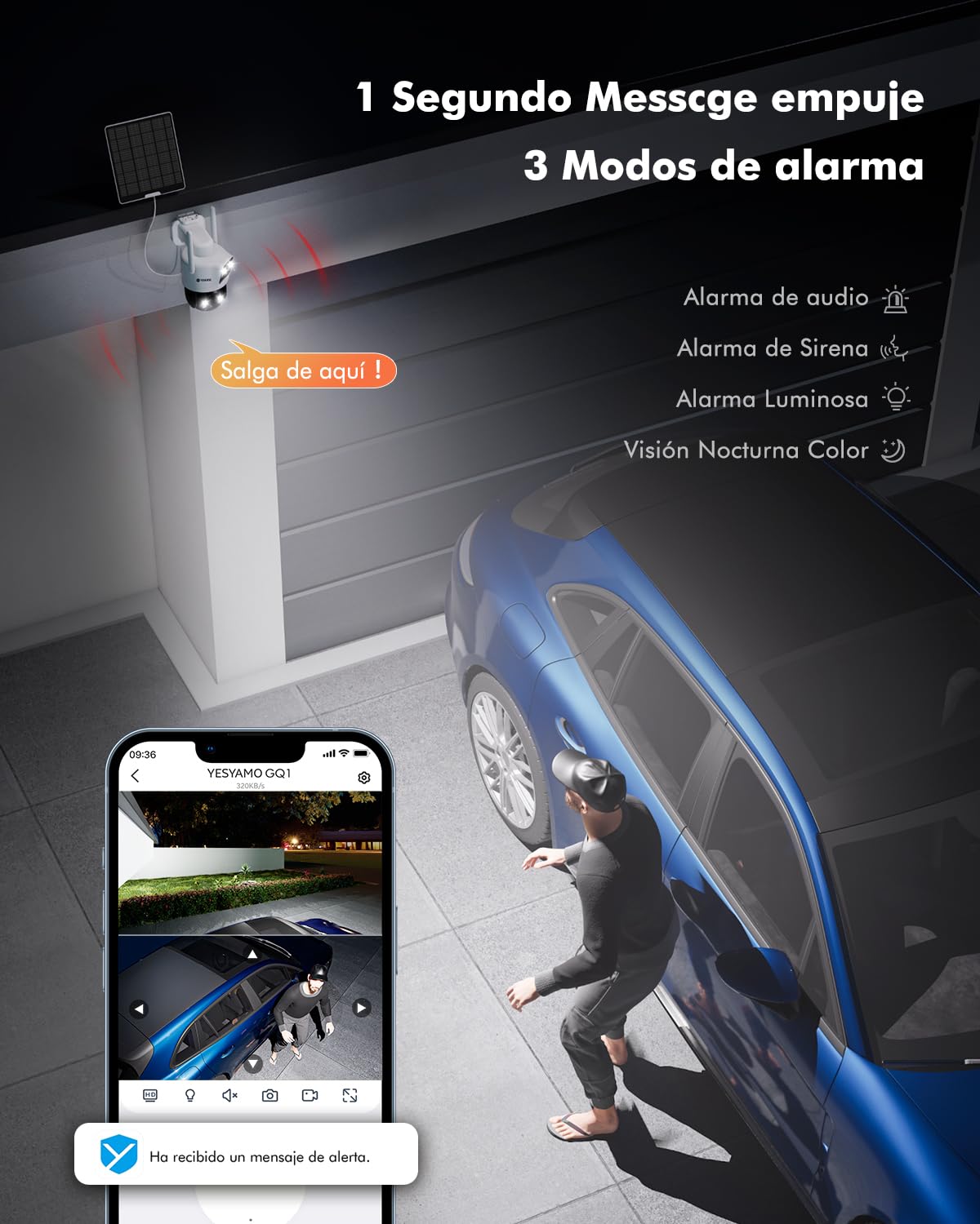 YESKANO Camara Vigilancia WiFi Exterior Solar, Doble Lente PTZ 360° | Panel de 6 W, Control por App, Visión Nocturna en Color, Audio Bidireccional, Protección IP66