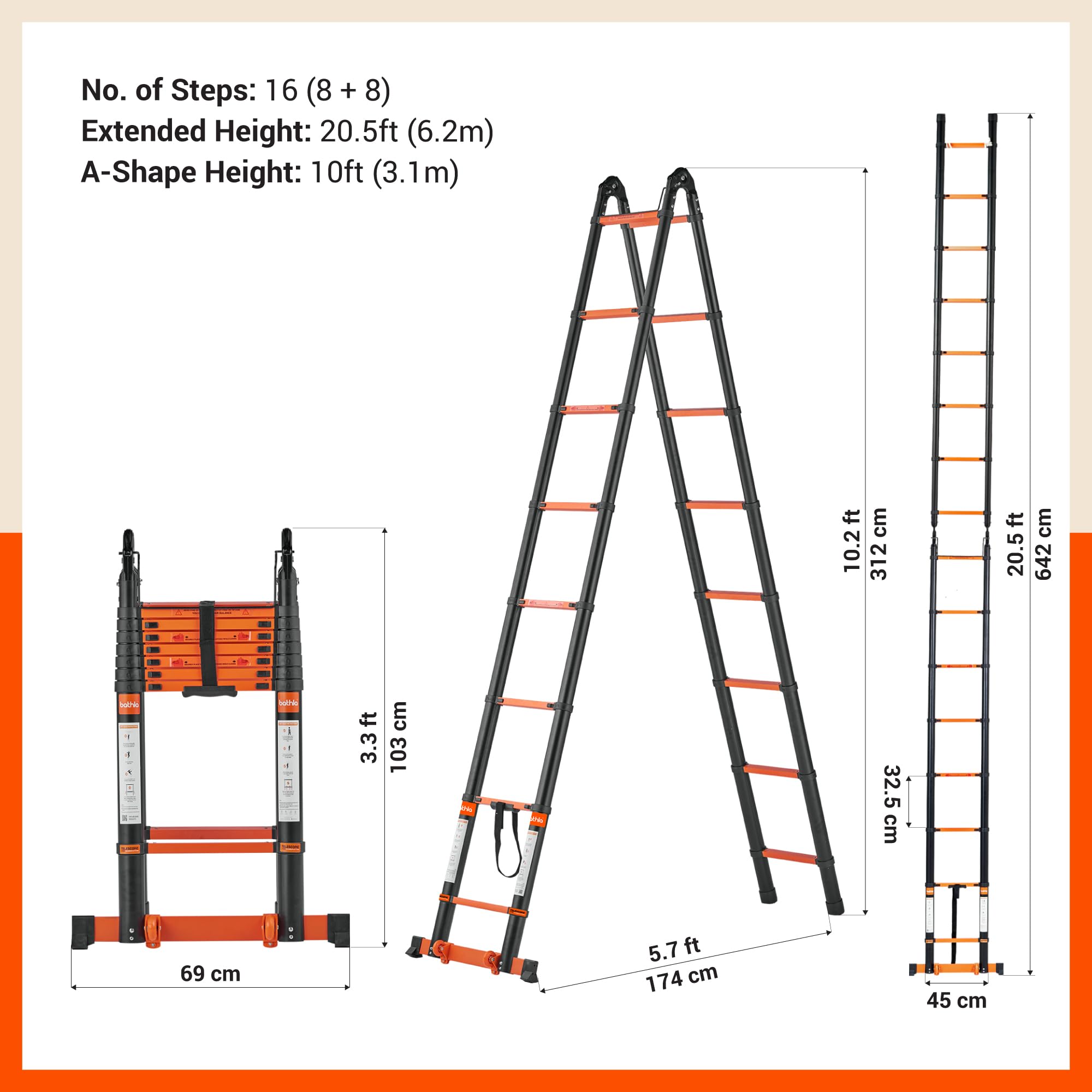 Bathla Telescopic Ladder - 20.5ft, 16 Steps -6