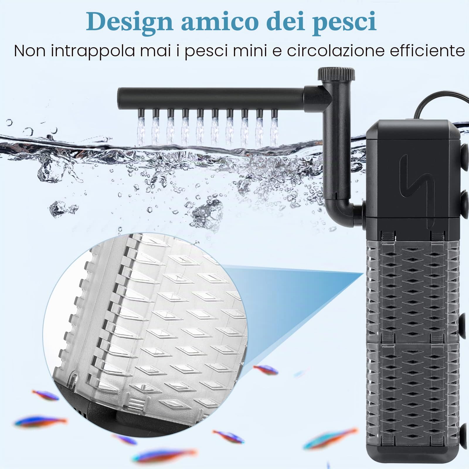 AQQA Filtro per Acquario, Regolabile Silenzioso 800L/H Filtro Interno per Acquario per Acquario 250L Pesci e Tartarughe (9W)