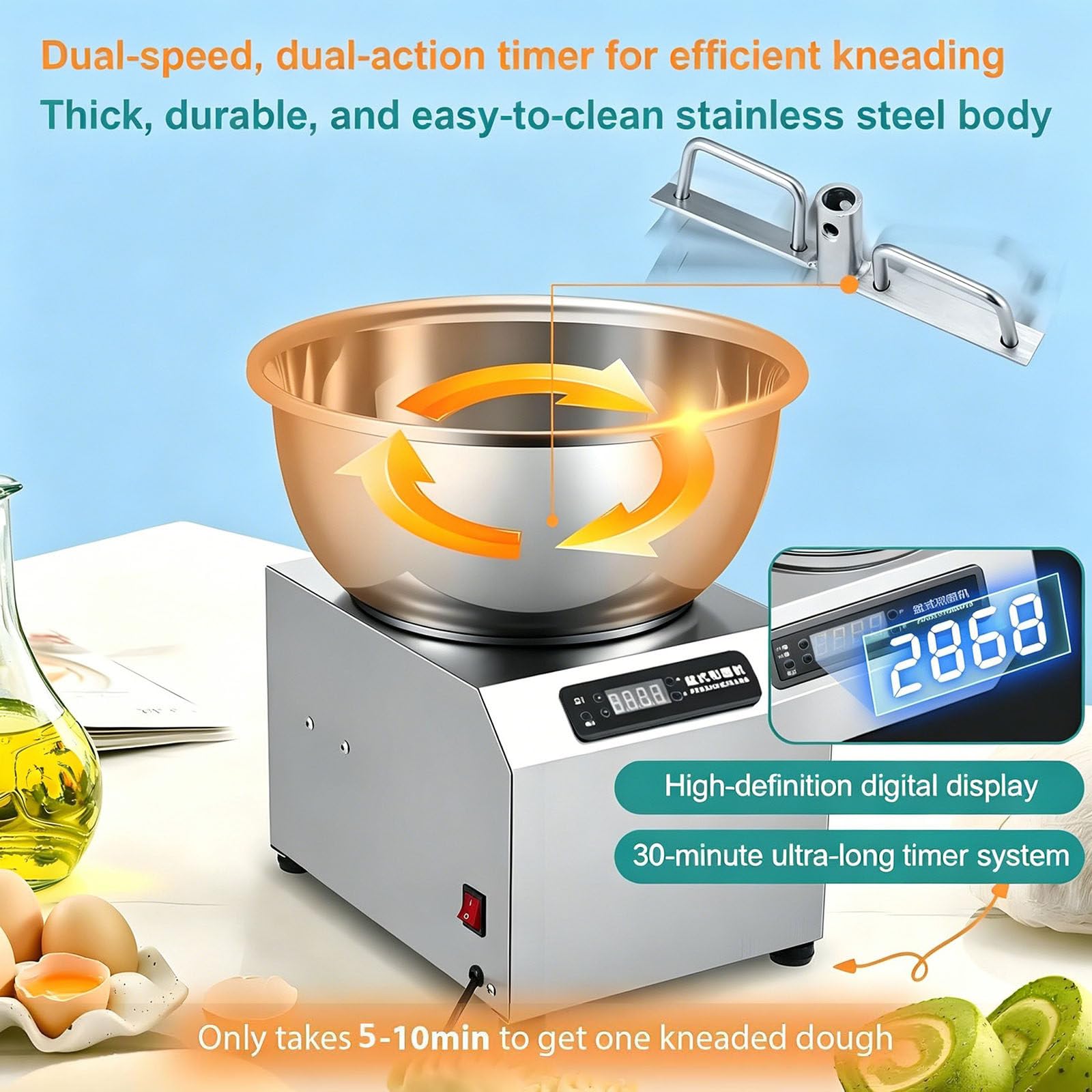 Impastatrice a Spirale Commerciale da 5 kg/8 kg con Doppia Rotazione, impastatrice elettrica per impieghi gravosi per panetteria, Ristorante, Pizzeria e Uso Domestico 5KG