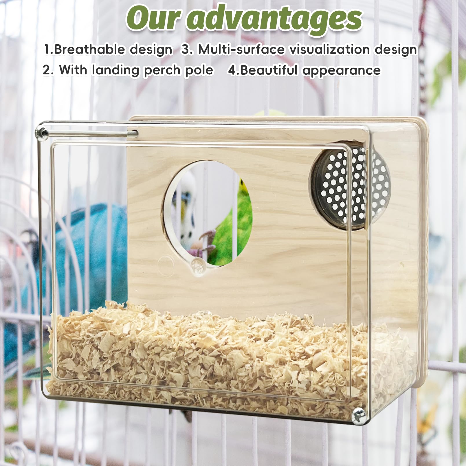 PINVNBY Caja de anidación y cría de acrílico transparente, para jaula, para casa de pájaros con percha, para periquitos, cotorras, loros, cacatúas, agapornis y pájaros pequeños (L: 20,5 x 15,8 x 10 cm