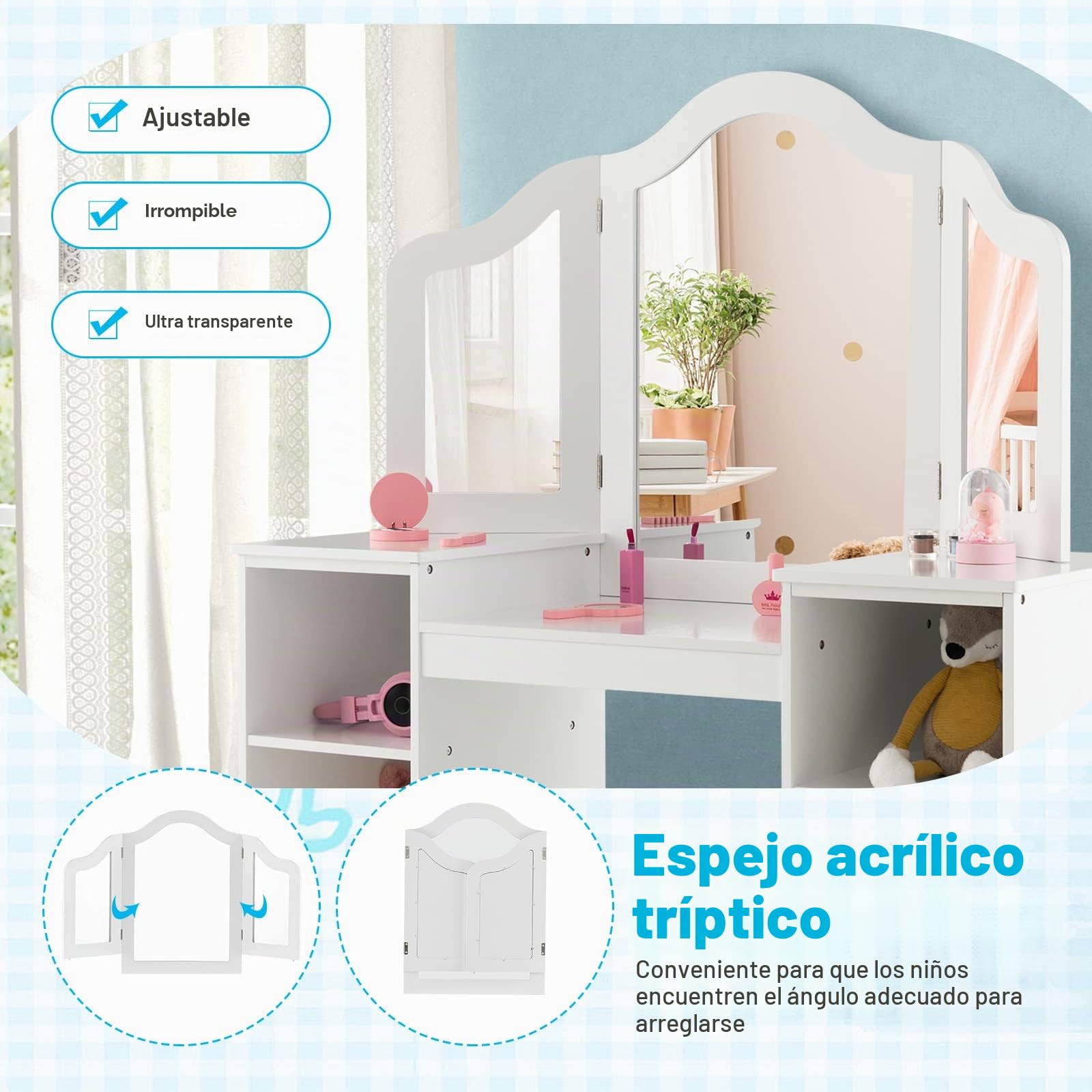 Juego de tocador 2 en 1 para niños con silla, mesa de maquillaje de madera para niñas, espejo extraíble, 4 cajones de almacenamiento, perfecto para decoración de sala de juegos y dormitorio