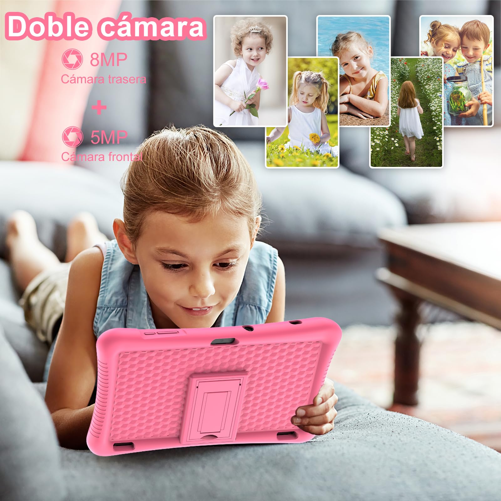 Tablet Niños 10 Pulgadas Android 13, Tablet Infantil Quad Core 1.6 GHz, 3GB RAM+32GB ROM(256GB Escalable), Pantalla HD 1280x800,6000 mAh,WiFi,Bluetooth,Cámara Dual,Control Parental (Rosa)