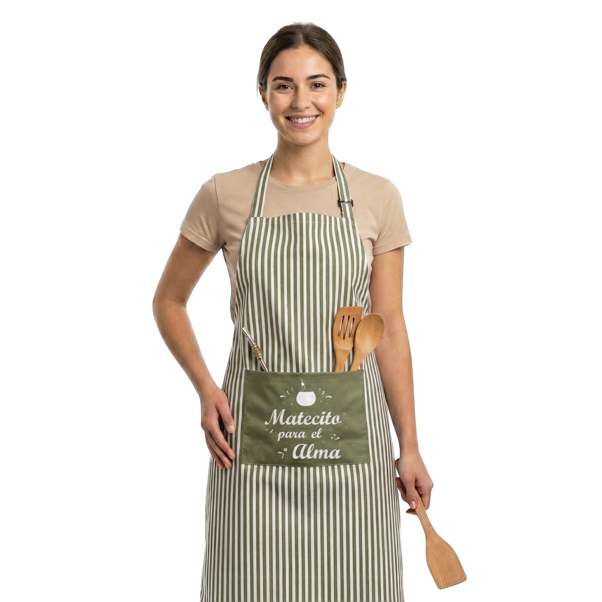 Delantal de Cocina a rayas Frase Matecito para el Alma, Unisex, Ajustable, con Bolsillo, 80x60 cm, Mezcla Resistente Poliéstery Algodón