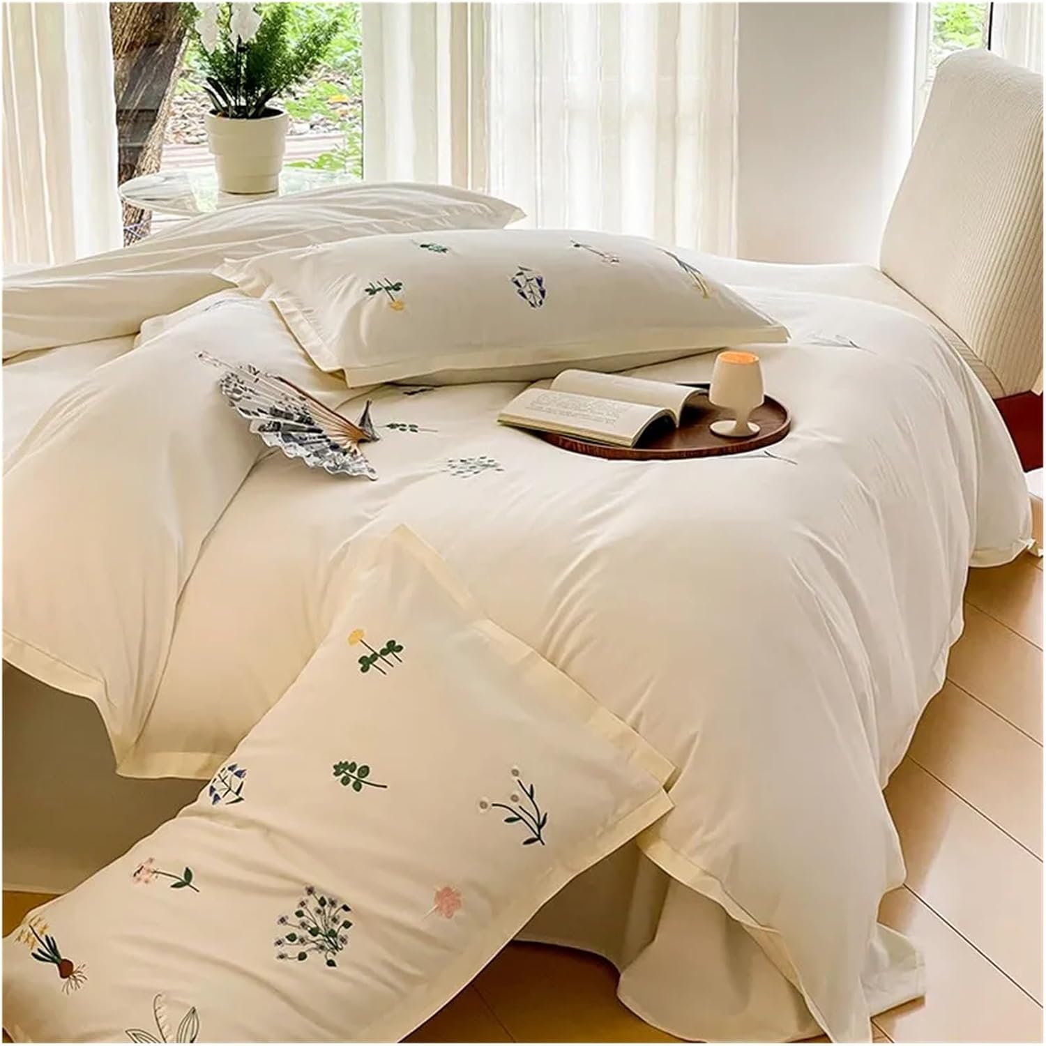 Pastoral Style 100% Cotton White Chic Bedding Set with Embroidery Double Queen King 4Pcs Duvet Cover Bed Sheet Pillowcases,Bed