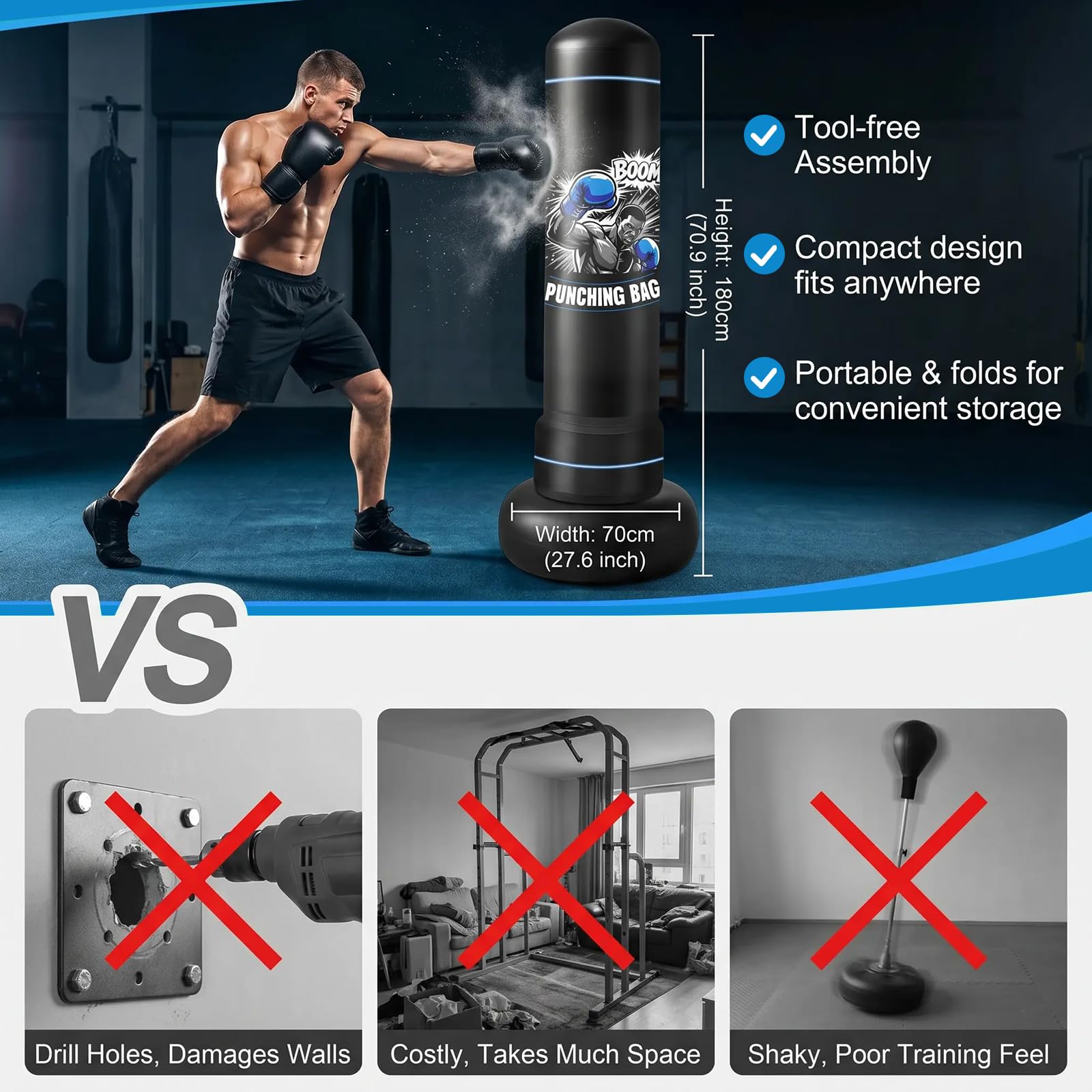 Qoosea Sacco da Boxe da Terra 180cm, Stabile Sacco da Boxe per Adulti Pungiball con Guantoni e Pompa, Sacchi da Box Gonfiabile per Pratica di TaekwondoKarate MMA Fitness
