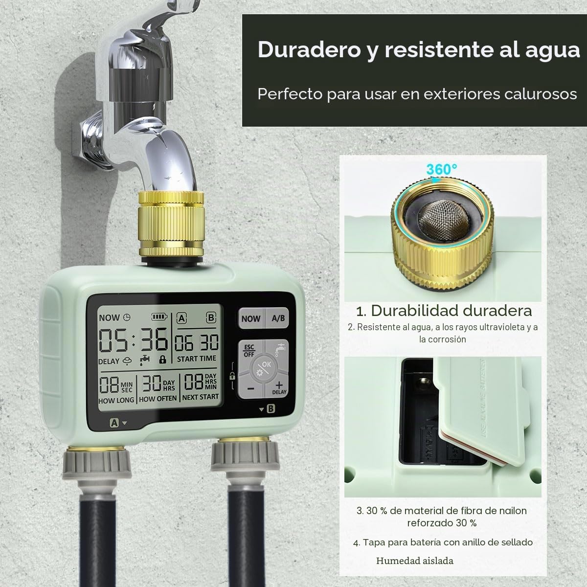 Johgee Ordenador de Riego Digital con 2 Salidas con Entrada de Latón, Pantalla LCD y Control Automático/Manual - Temporizador de Agua para Jardín