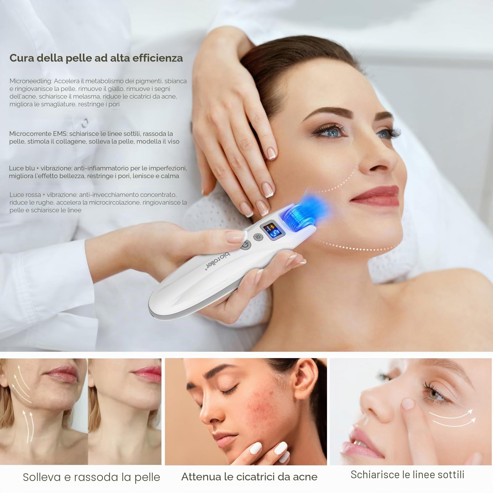 G5 Microneedling Roller Pen Kit, 5 Livelli EMS & LED Rosso & Blu, Viso Corpo Capelli Barba, 2 Cartucce
