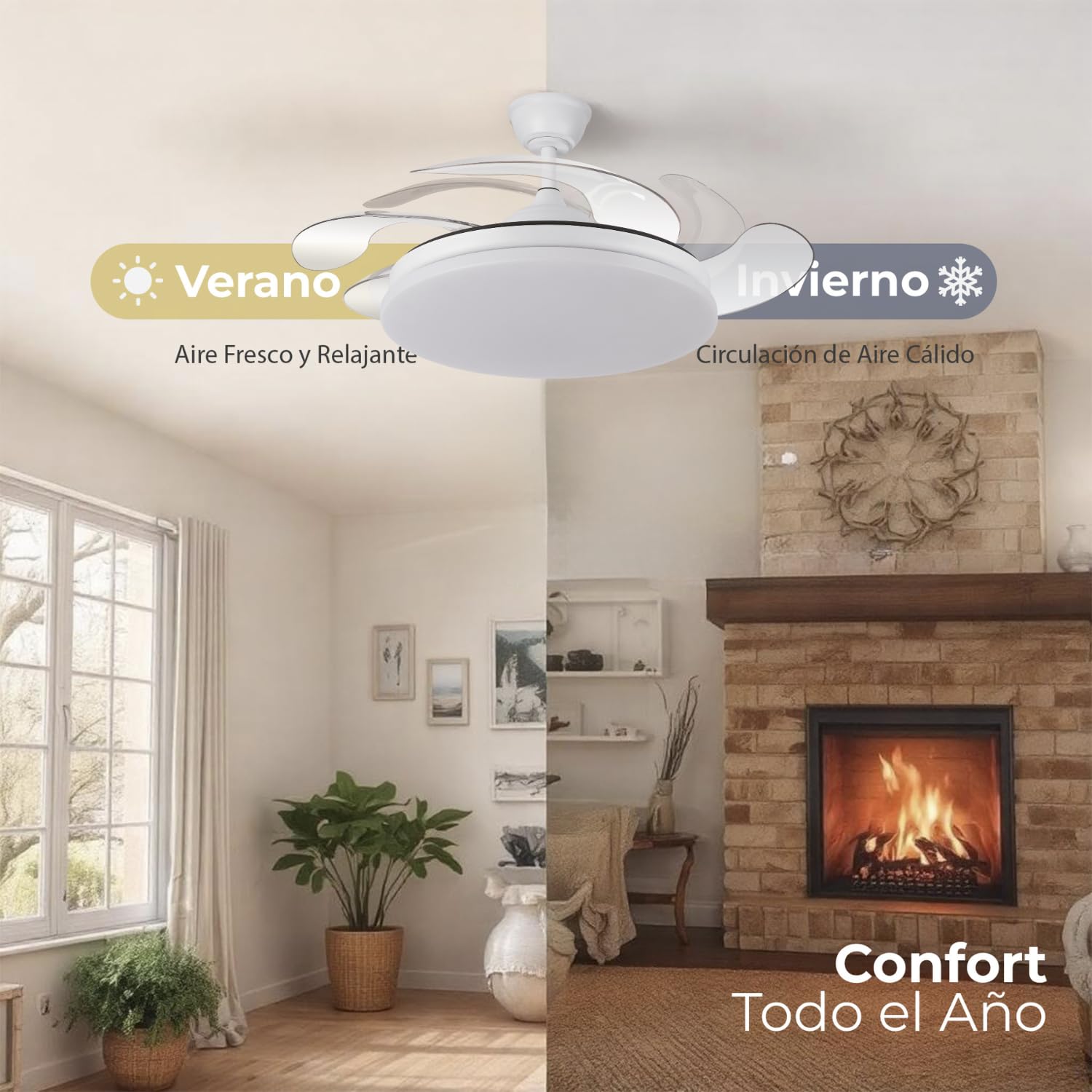 LUMIKING Ventilador de Techo Lampara con Luz LED, 107 CM - Silencioso 32 W de Motor con 4 Aspas - Ventiladores con Tonos de Luz Dimables y Funcion Verano/Invierno con Temporizador (Blanco, 107 cm)