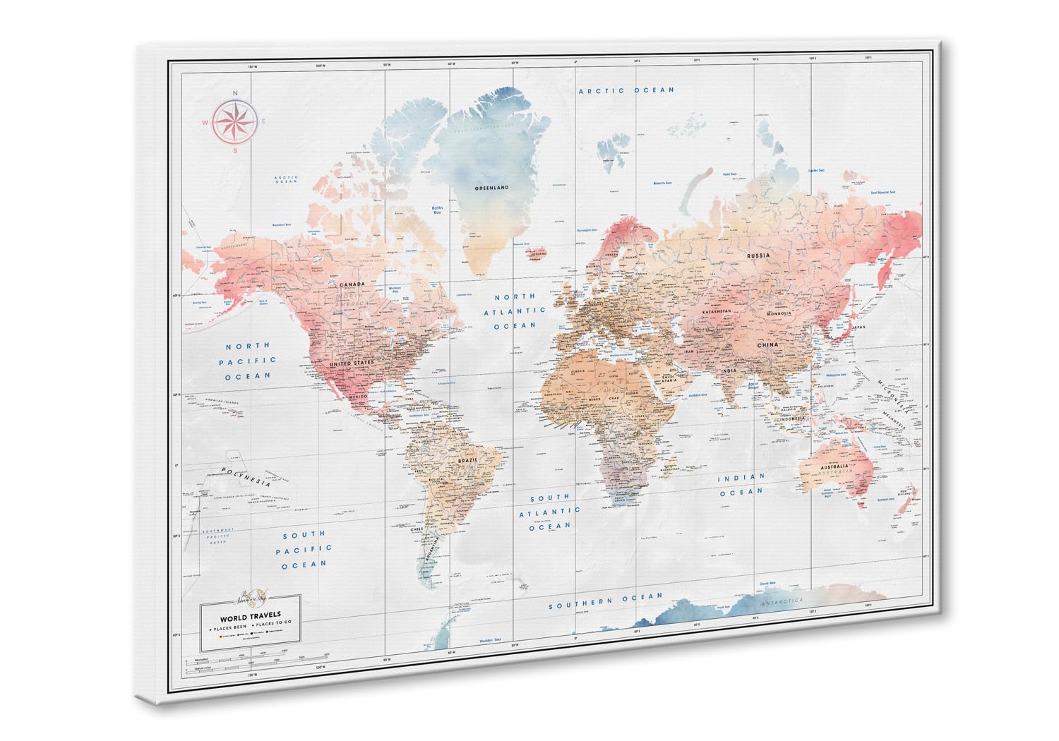 World Map Pin Board in Watercolor Style Large World Map